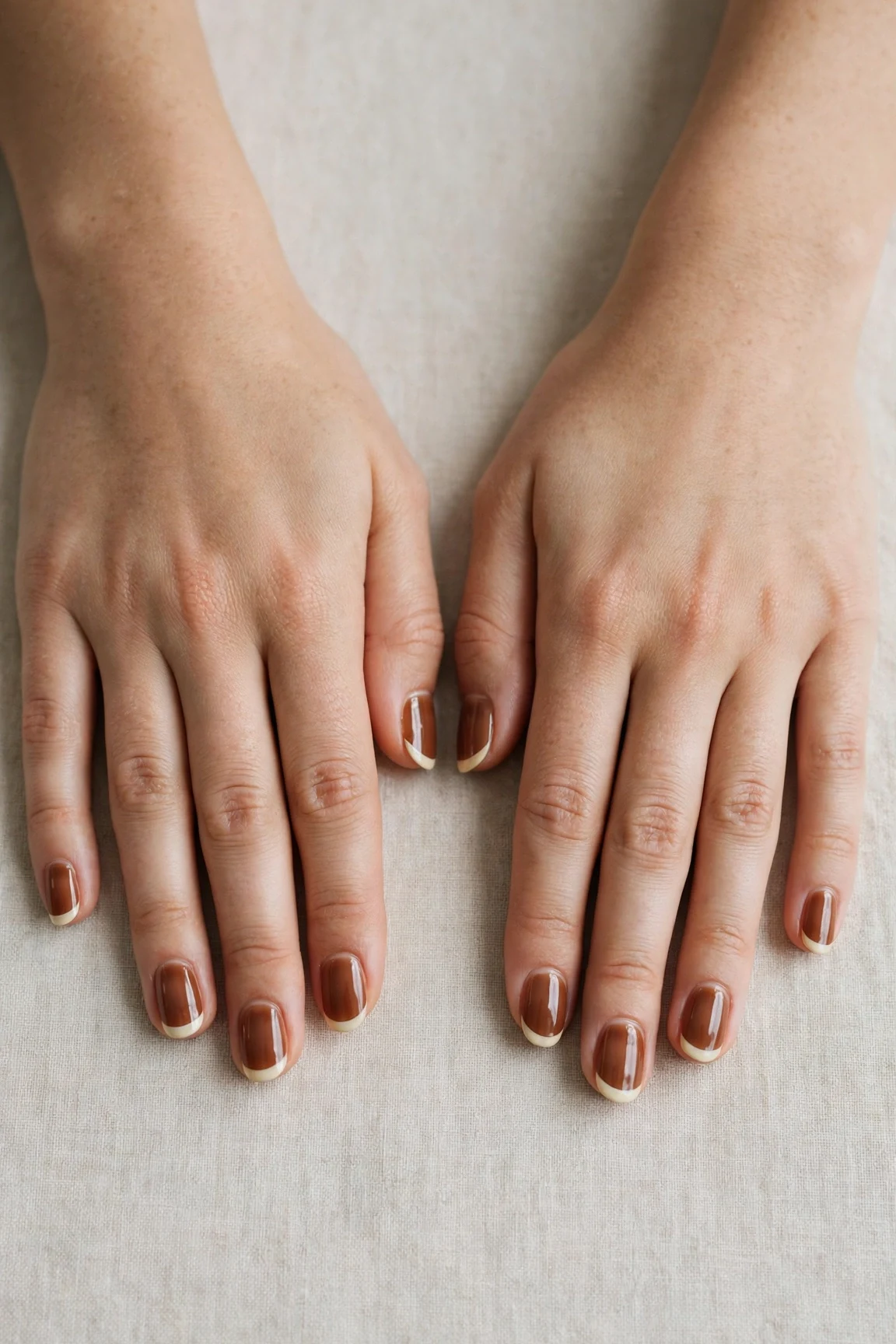 Chestnut Brown Christmas French Nails with a sheer jelly finish and classic cream French tips