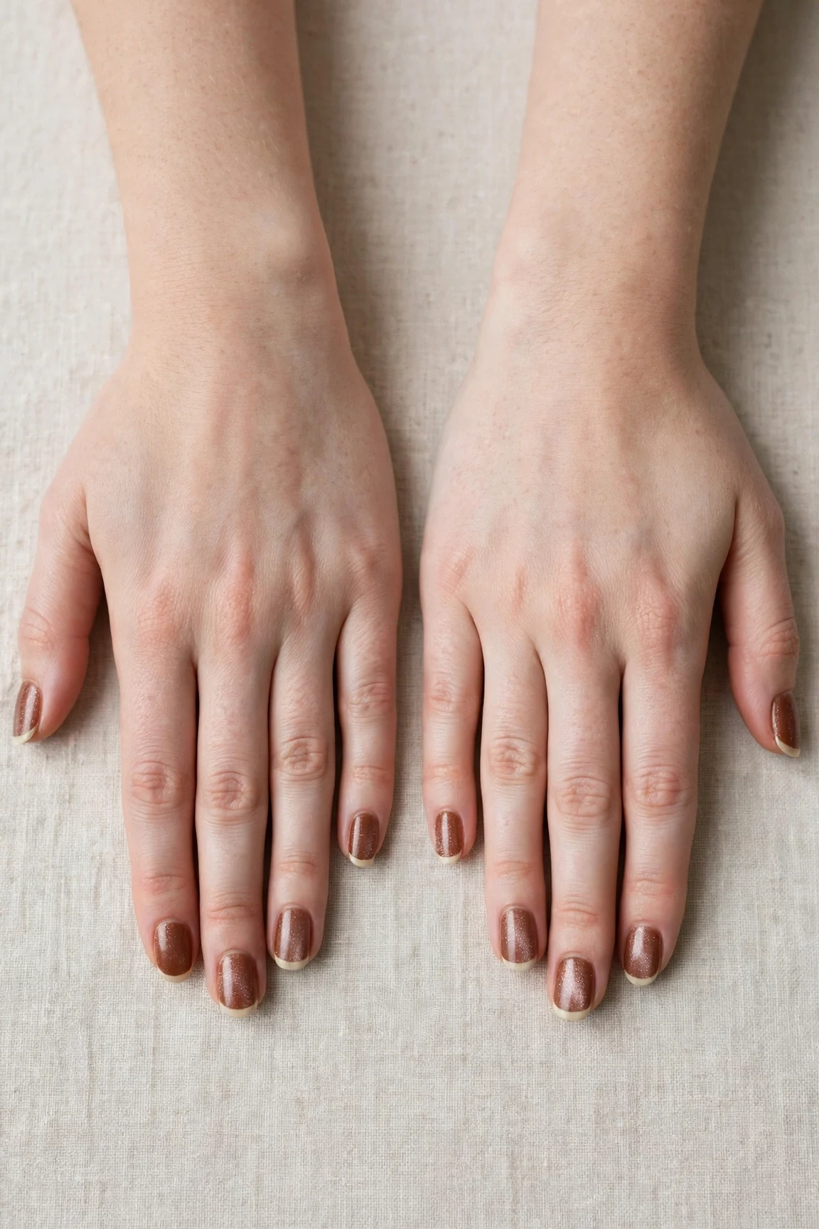 Chestnut Brown Christmas French Nails with a frosted shimmer finish and classic cream French tips