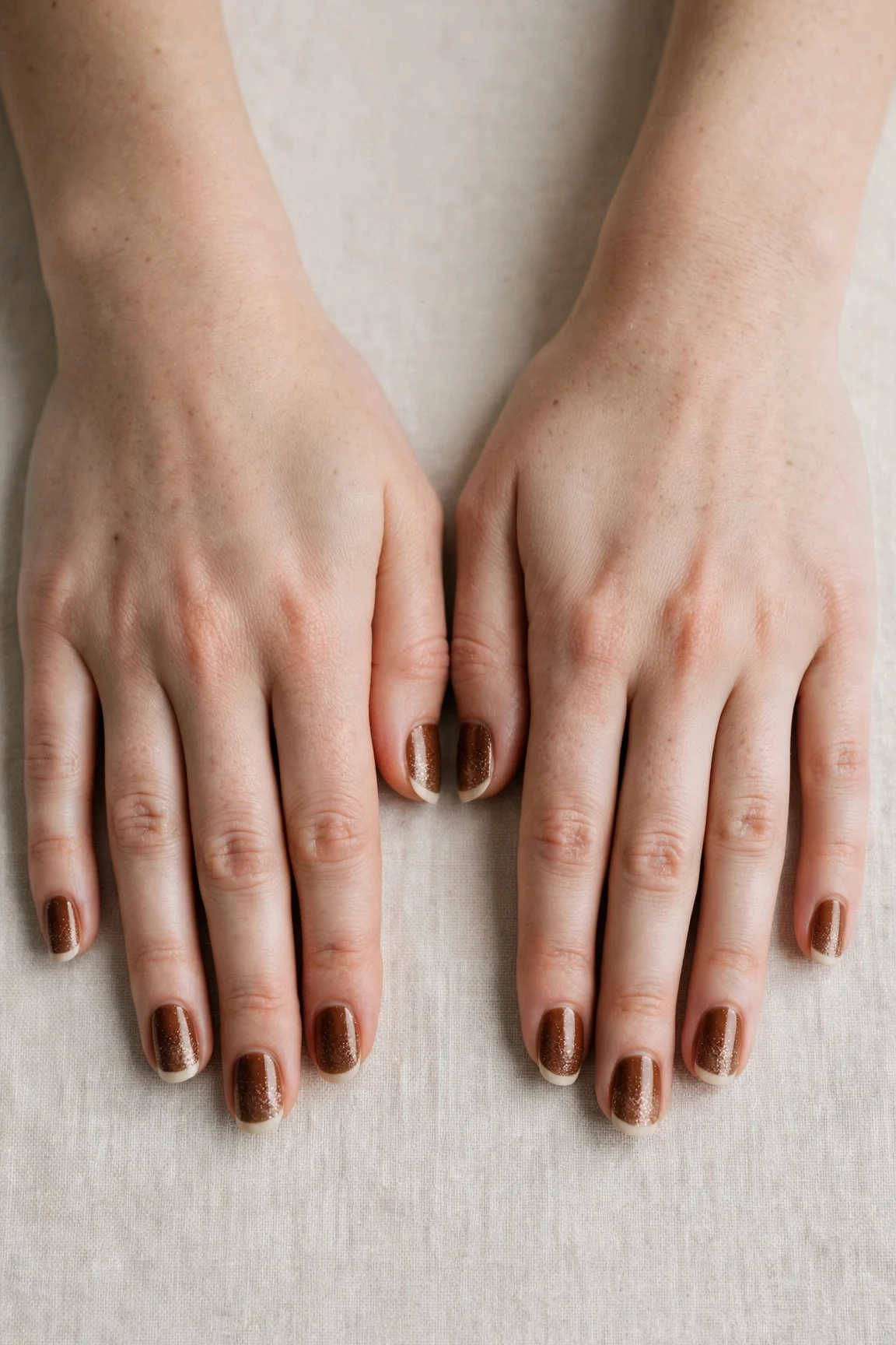 Chestnut Brown Christmas French Nails with a glitter gradient finish and classic cream French tips