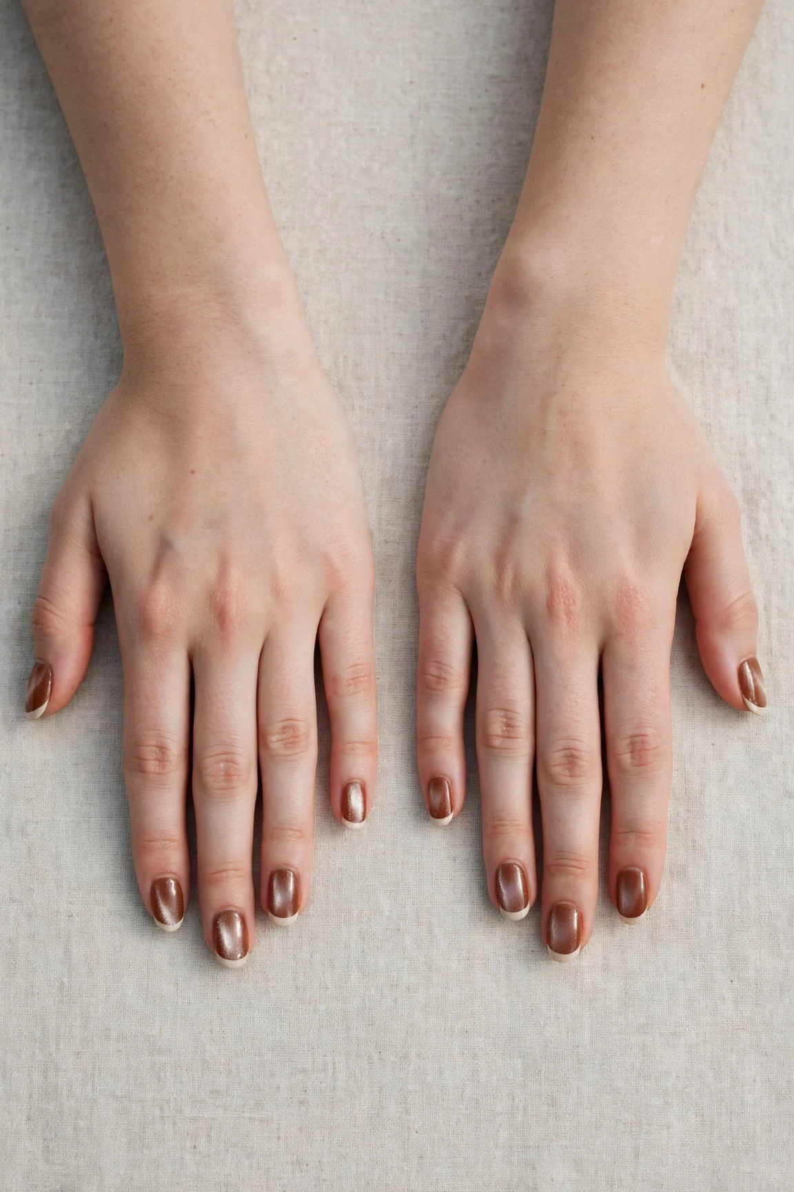 Chestnut Brown Christmas French Nails with a pearl shimmer finish and classic cream French tips