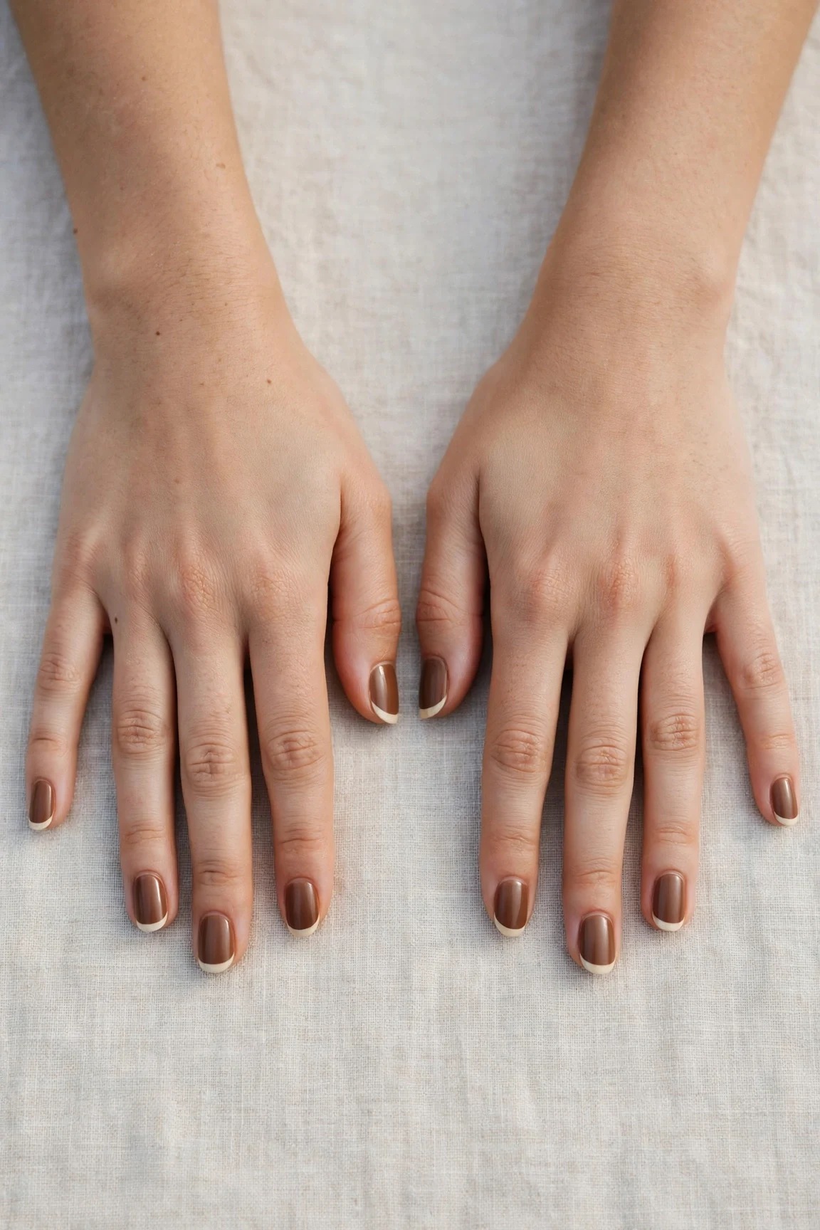 Chestnut Brown Christmas French Nails with a satin finish and classic cream French tips