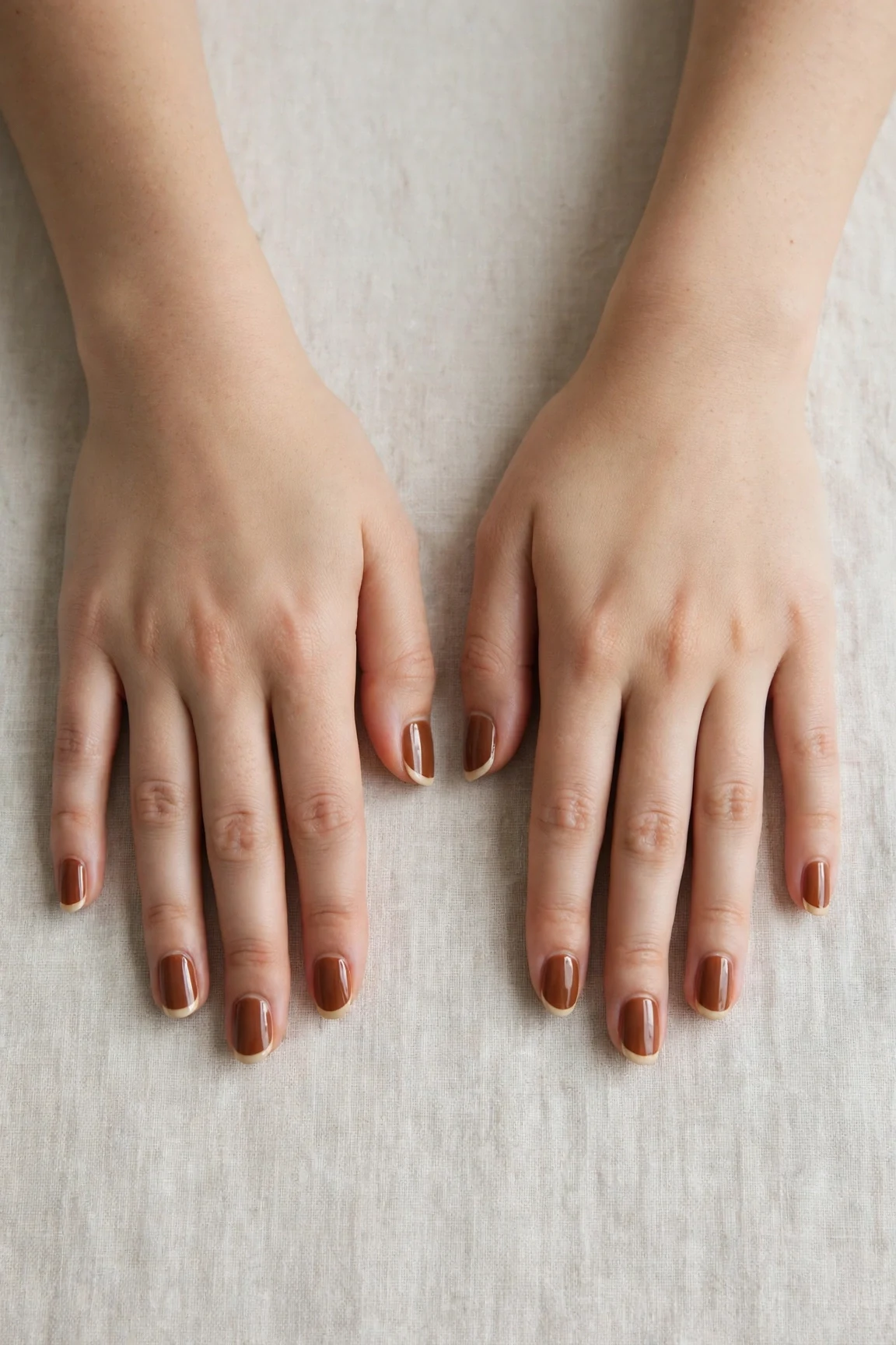 Chestnut Brown Christmas French Nails with a glassy gel finish and classic cream French tips