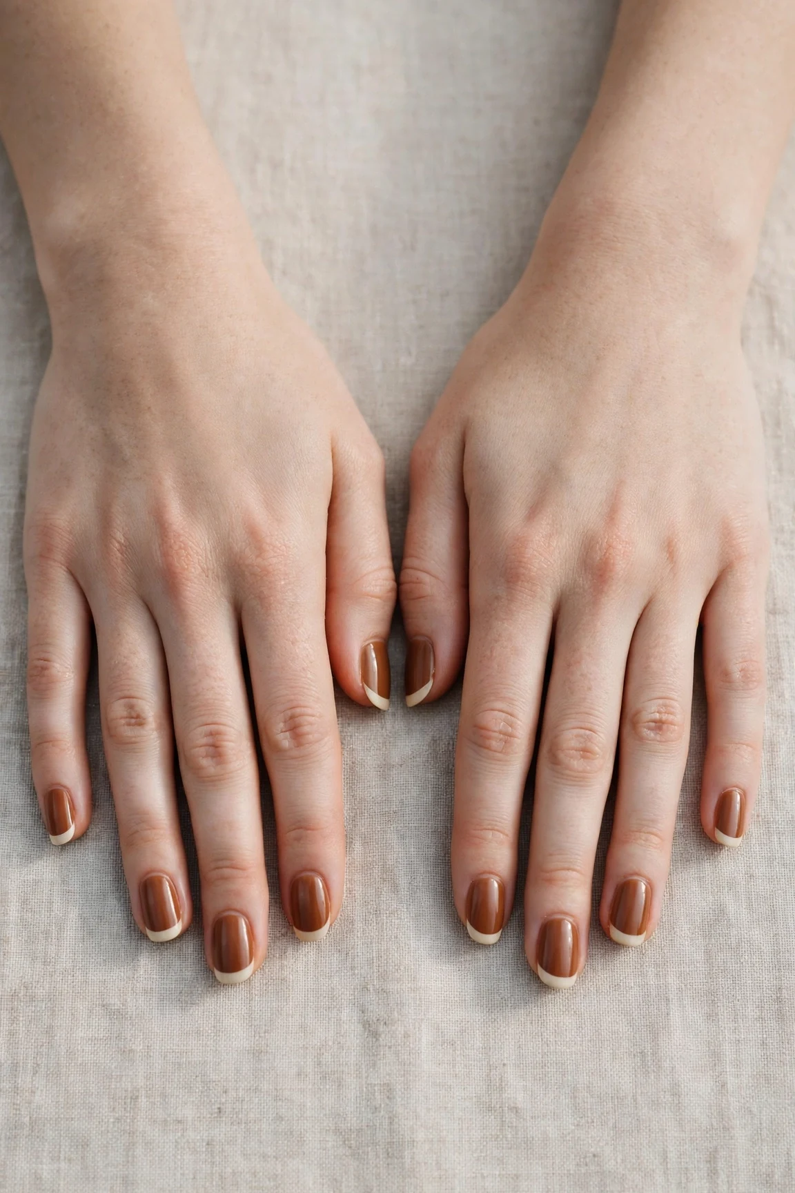 Chestnut Brown Christmas French Nails with a creamy opaque finish and classic cream French tips