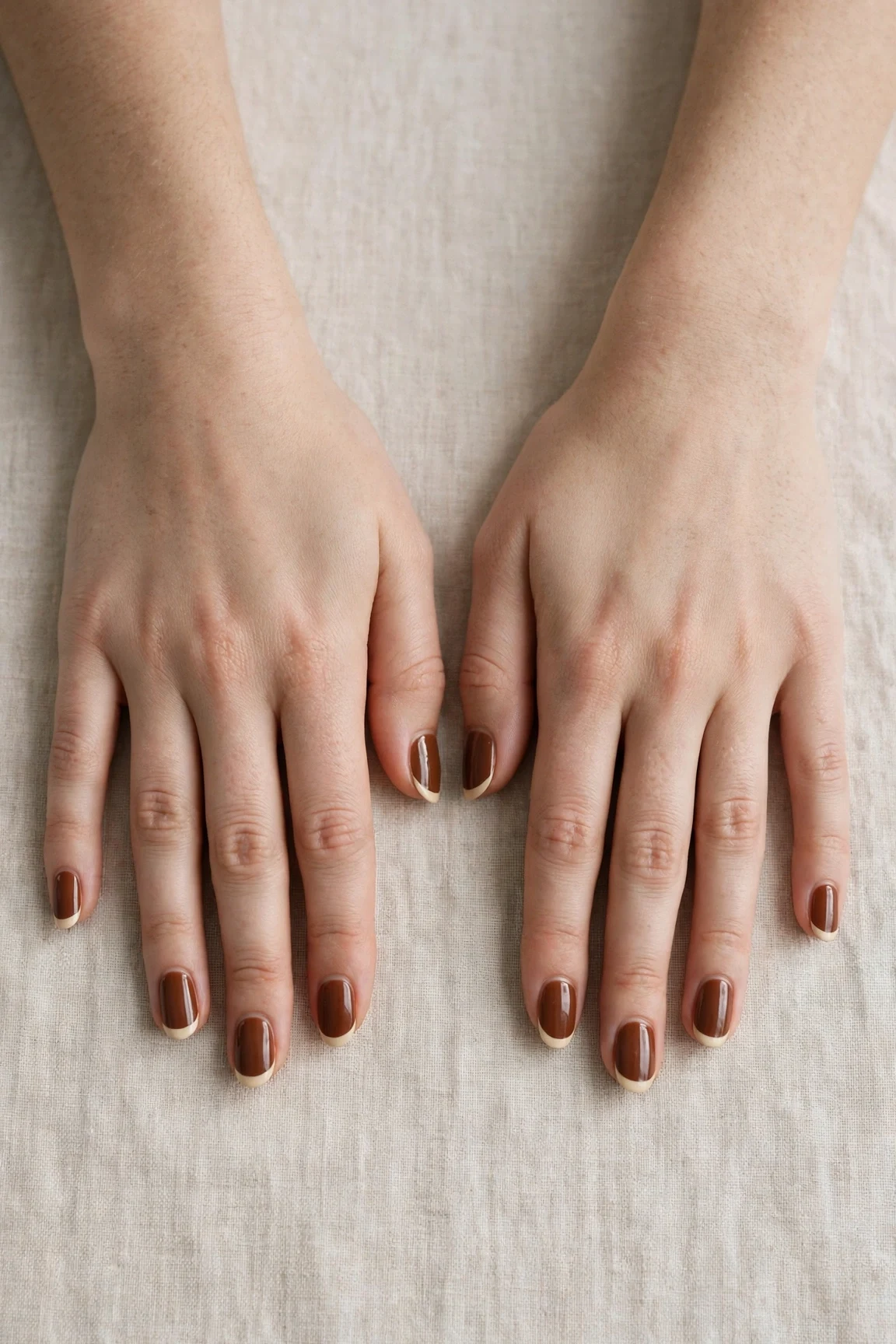 Chestnut Brown Christmas French Nails with a deep glossy shine and classic cream French tips