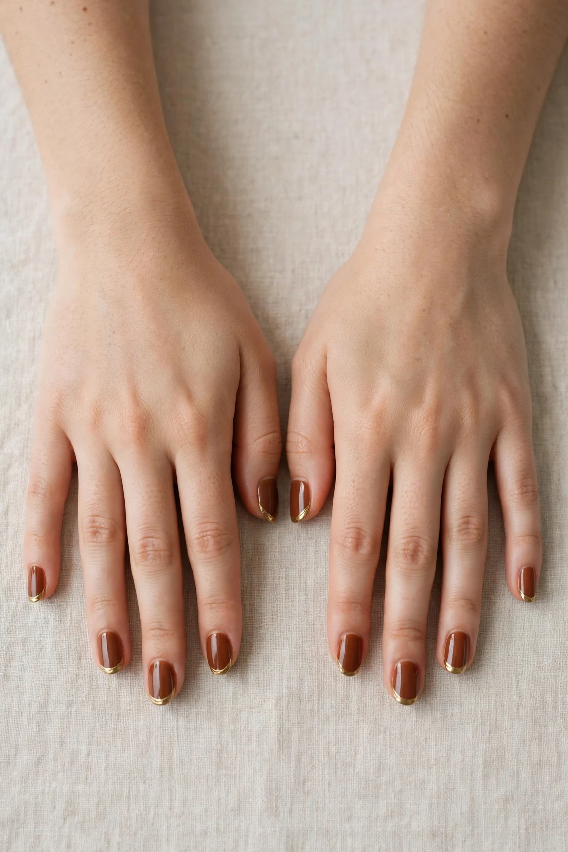 Chestnut Brown Christmas French Nails with a high-gloss finish and gold French tips