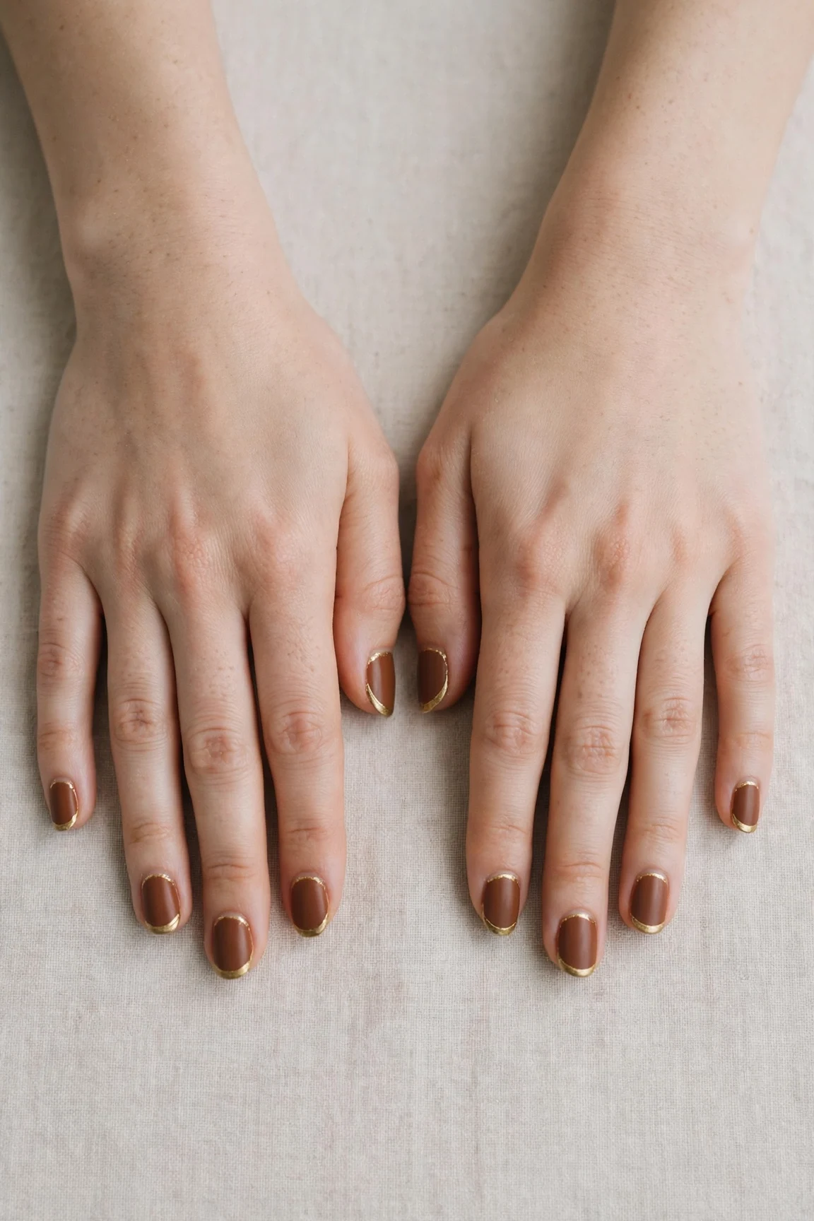 Chestnut Brown Christmas French Nails with a soft matte finish and gold French tips