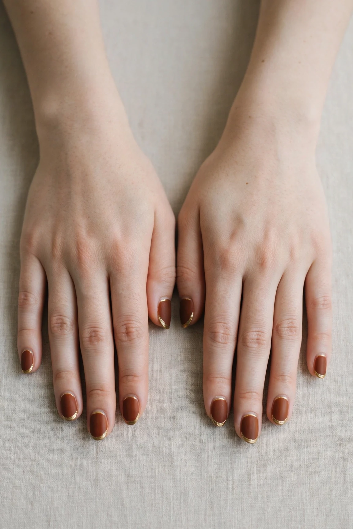 Chestnut Brown Christmas French Nails with a velvet matte finish and gold French tips