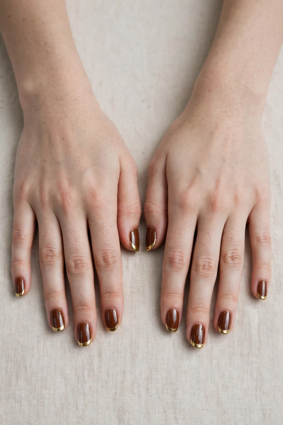 Chestnut Brown Christmas French Nails with a chrome shine and gold French tips