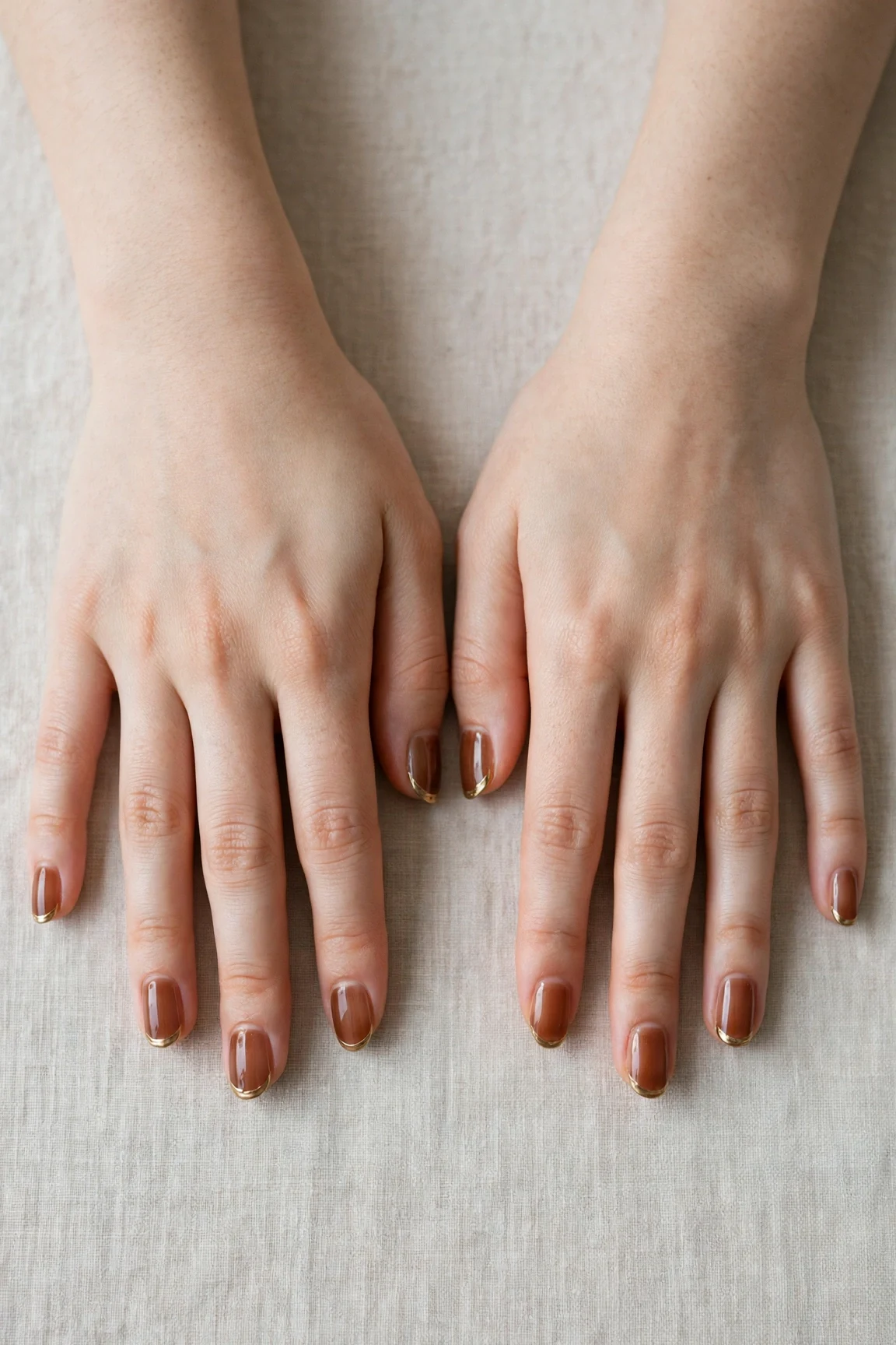 Chestnut Brown Christmas French Nails with a sheer jelly finish and gold French tips