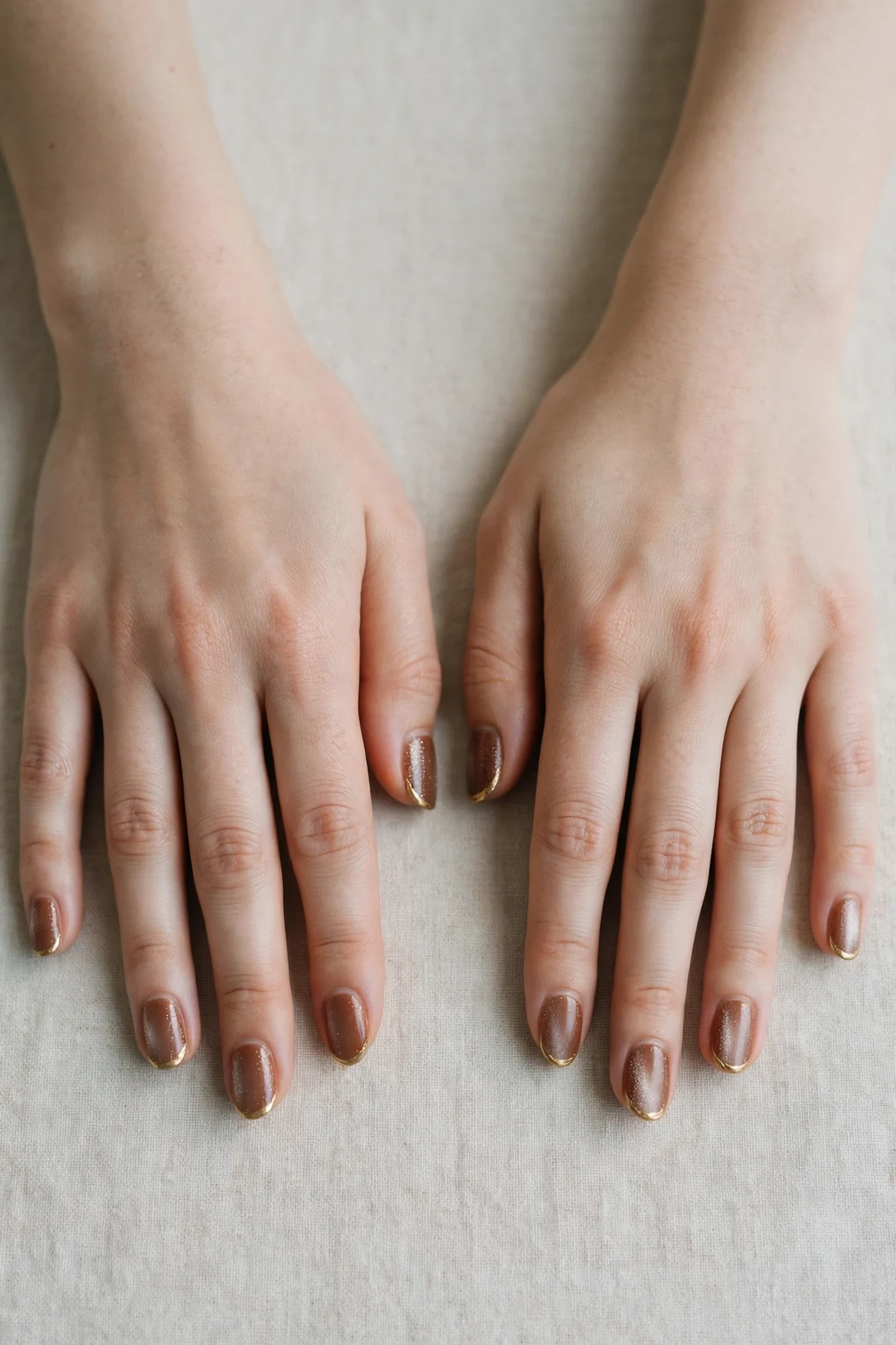 Chestnut Brown Christmas French Nails with a frosted shimmer finish and gold French tips