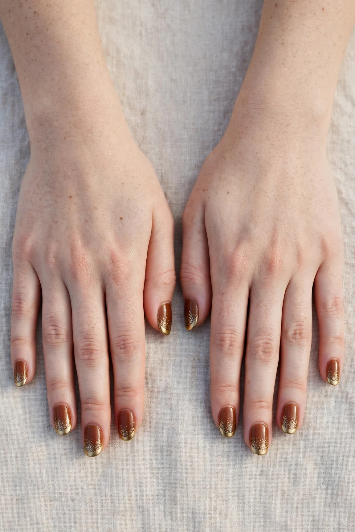 Chestnut Brown Christmas French Nails with a glitter gradient finish and gold French tips