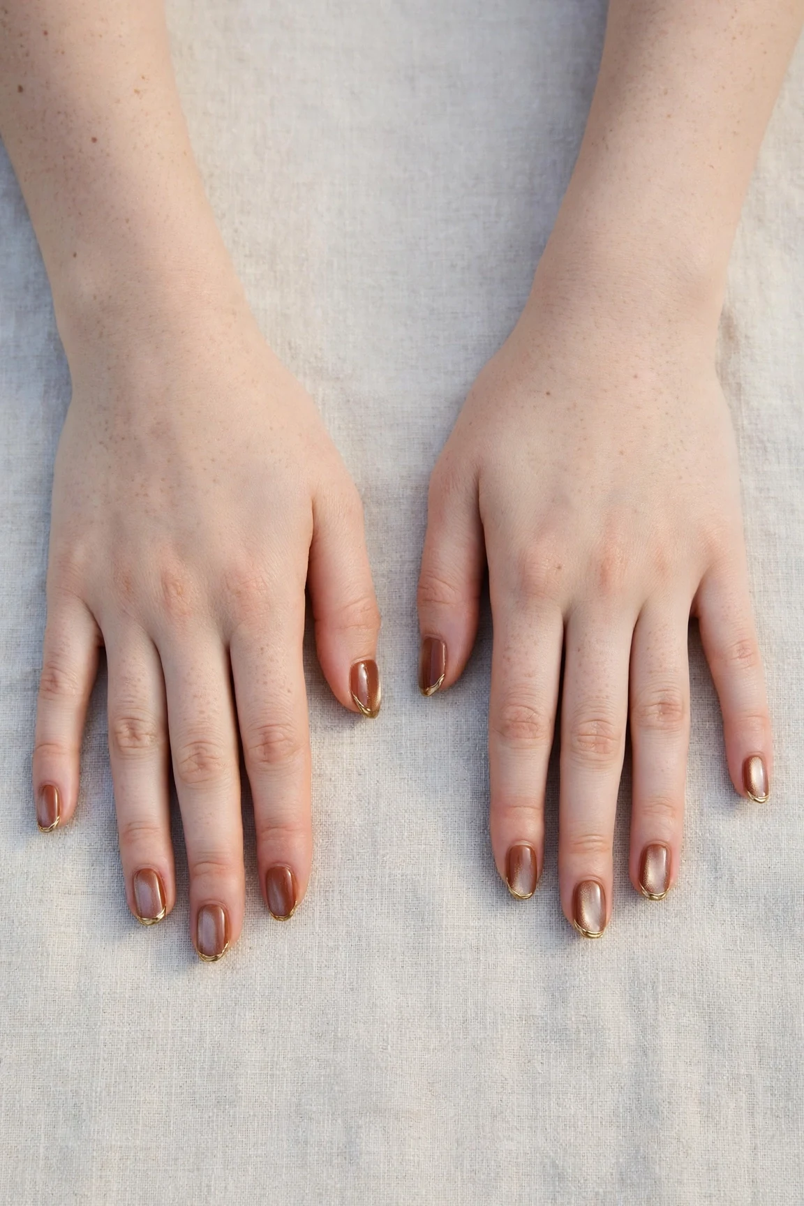 Chestnut Brown Christmas French Nails with a pearl shimmer finish and gold French tips