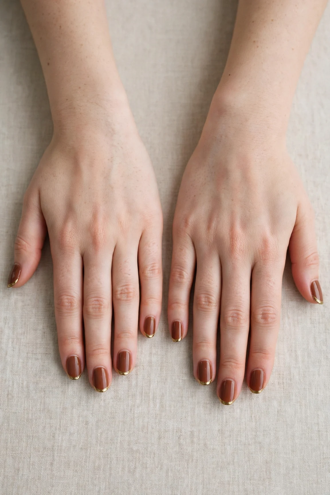 Chestnut Brown Christmas French Nails with a satin finish and gold French tips