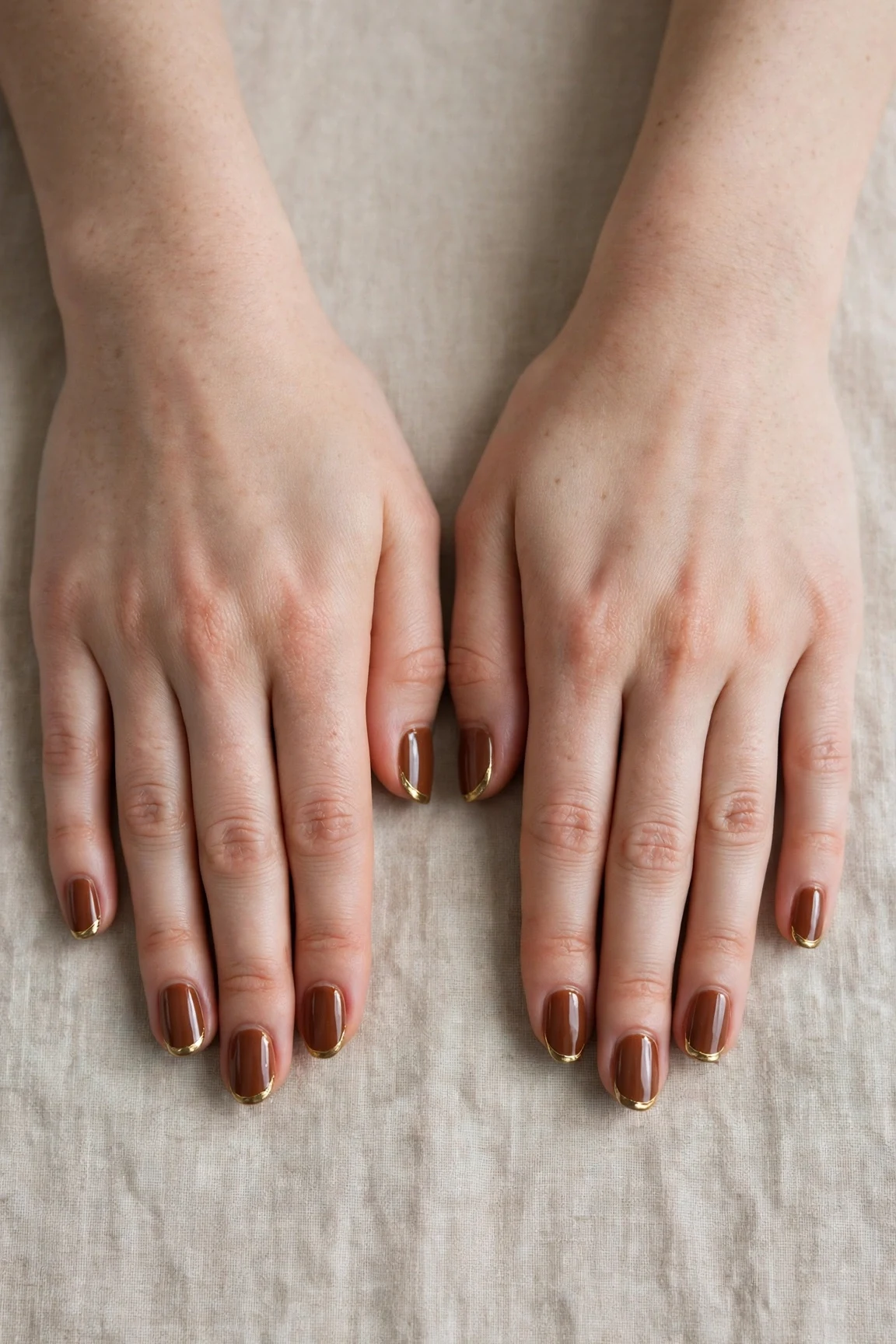 Chestnut Brown Christmas French Nails with a glassy gel finish and gold French tips