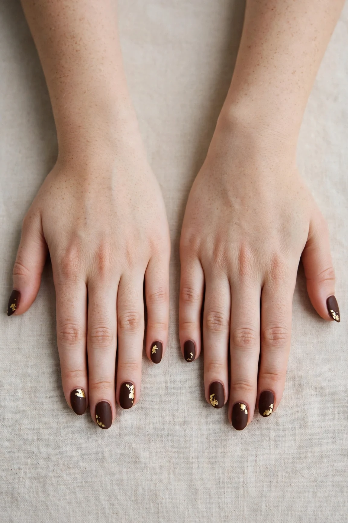 Oval Chocolate Brown Christmas Nail Art with a velvet matte finish and gold foil accents