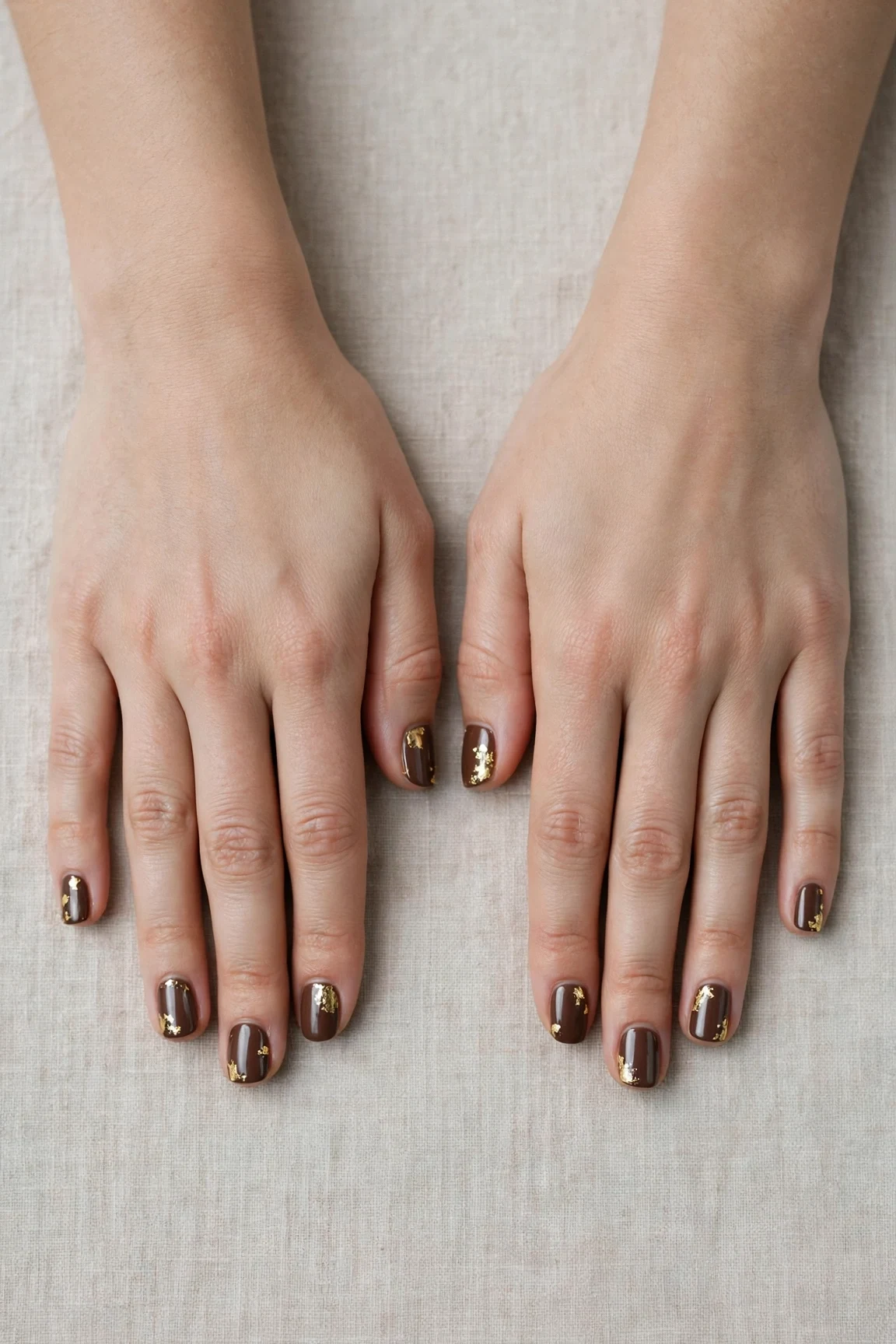 Short Square Chocolate Brown Christmas Nail Art with a chrome shine and gold foil accents