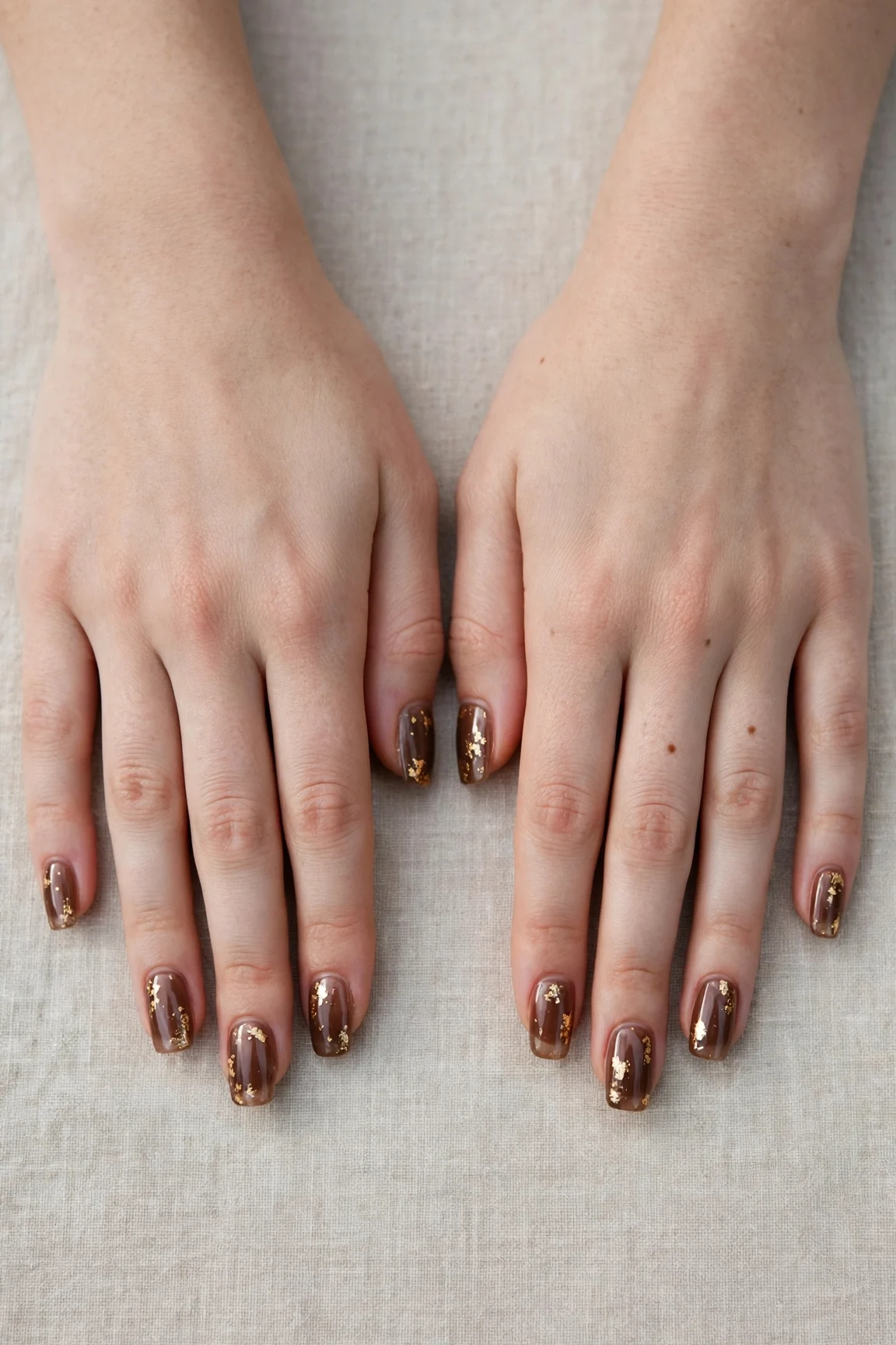 Squoval Chocolate Brown Christmas Nail Art with a sheer jelly finish and gold foil accents