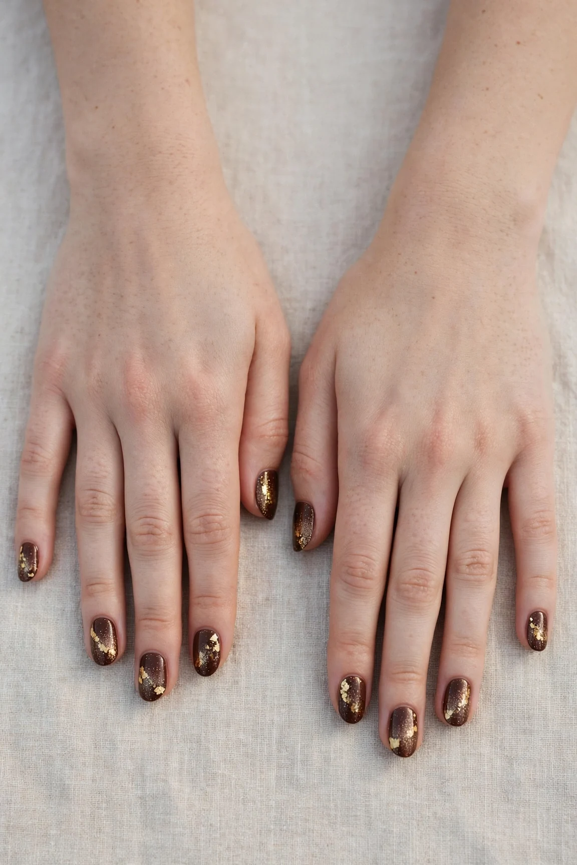 Short Oval Chocolate Brown Christmas Nail Art with a glitter gradient finish and gold foil accents