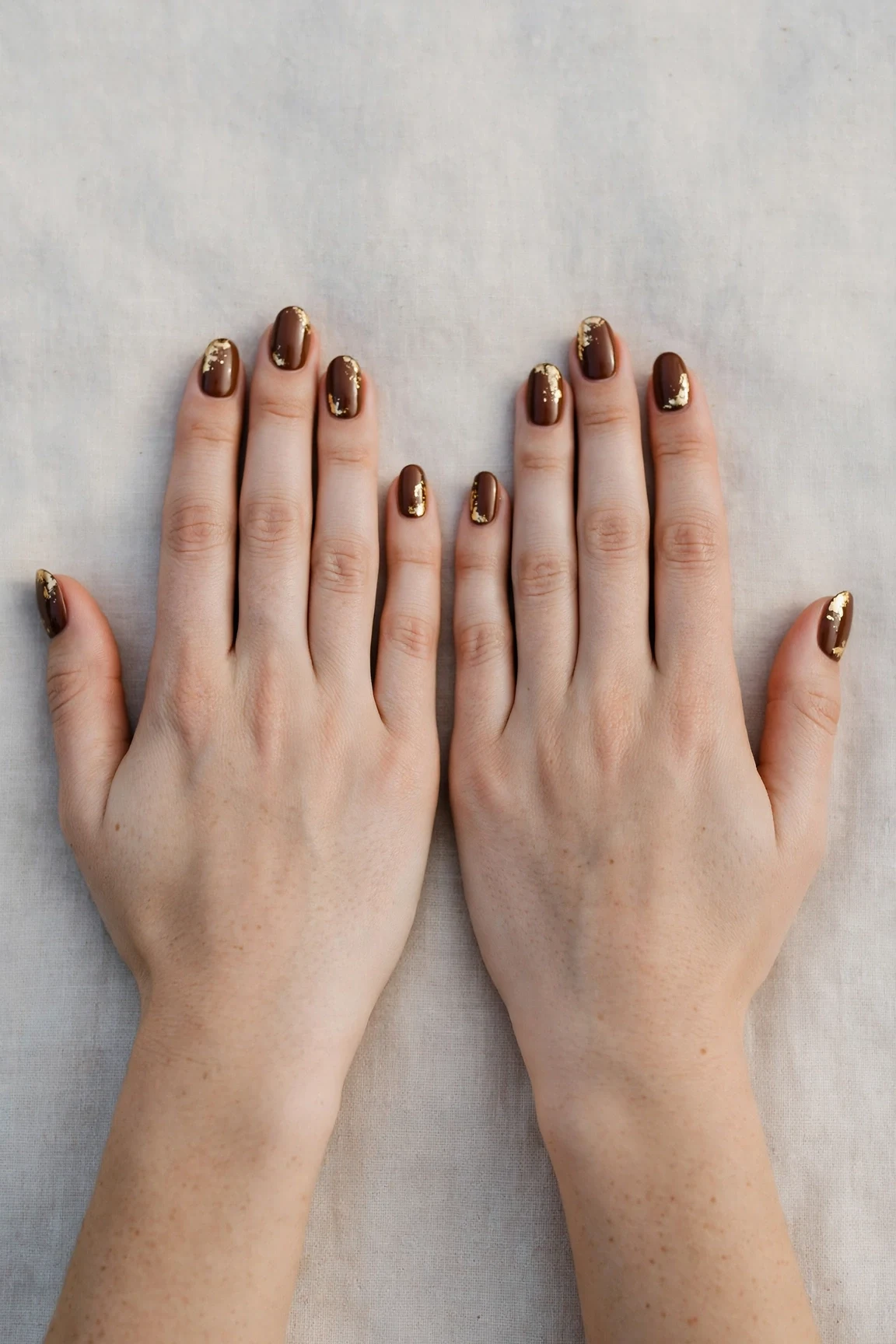 Oval Chocolate Brown Christmas Nail Art with a satin finish and gold foil accents