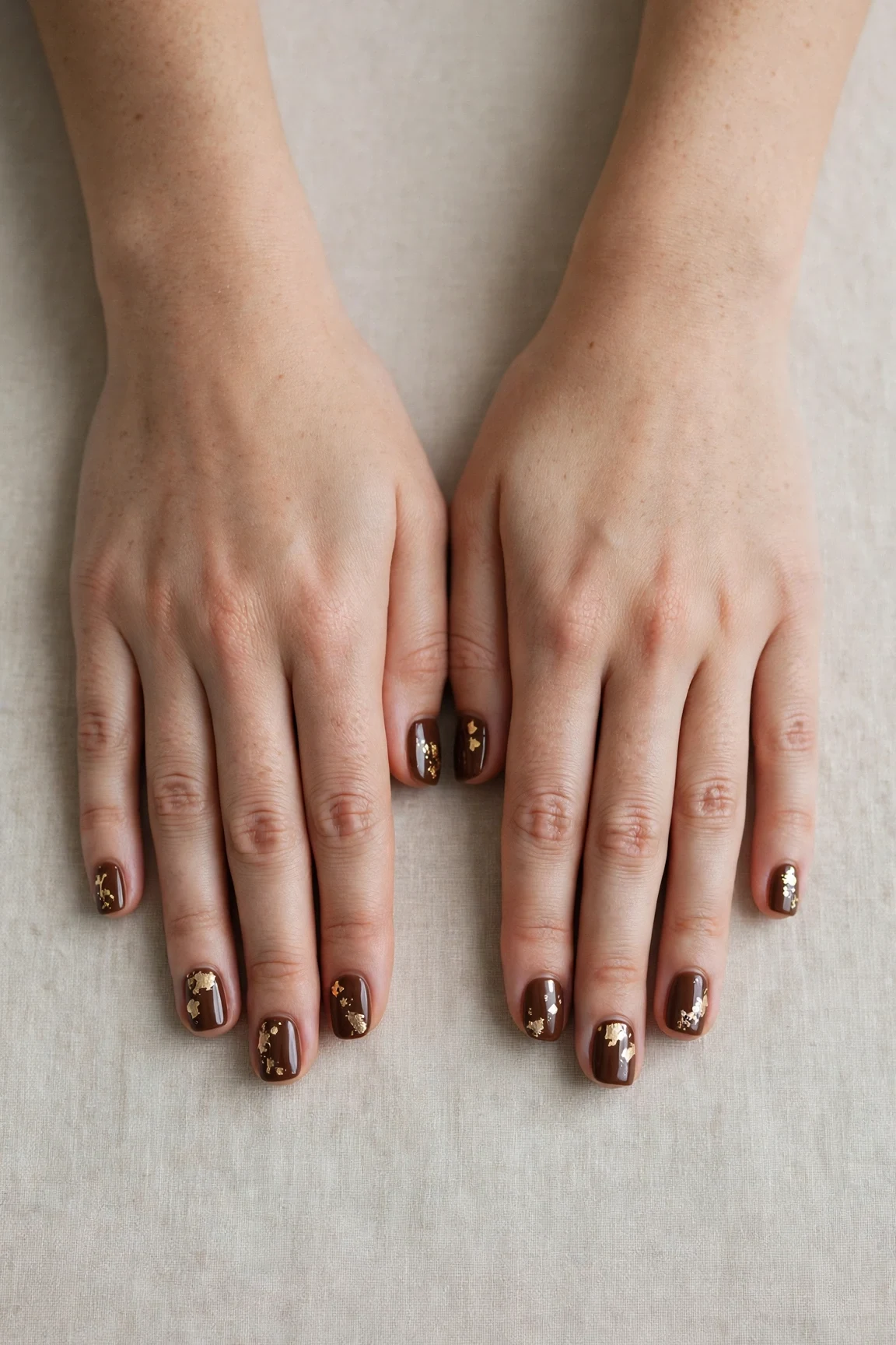 Short Square Chocolate Brown Christmas Nail Art with a glassy gel finish and gold foil accents
