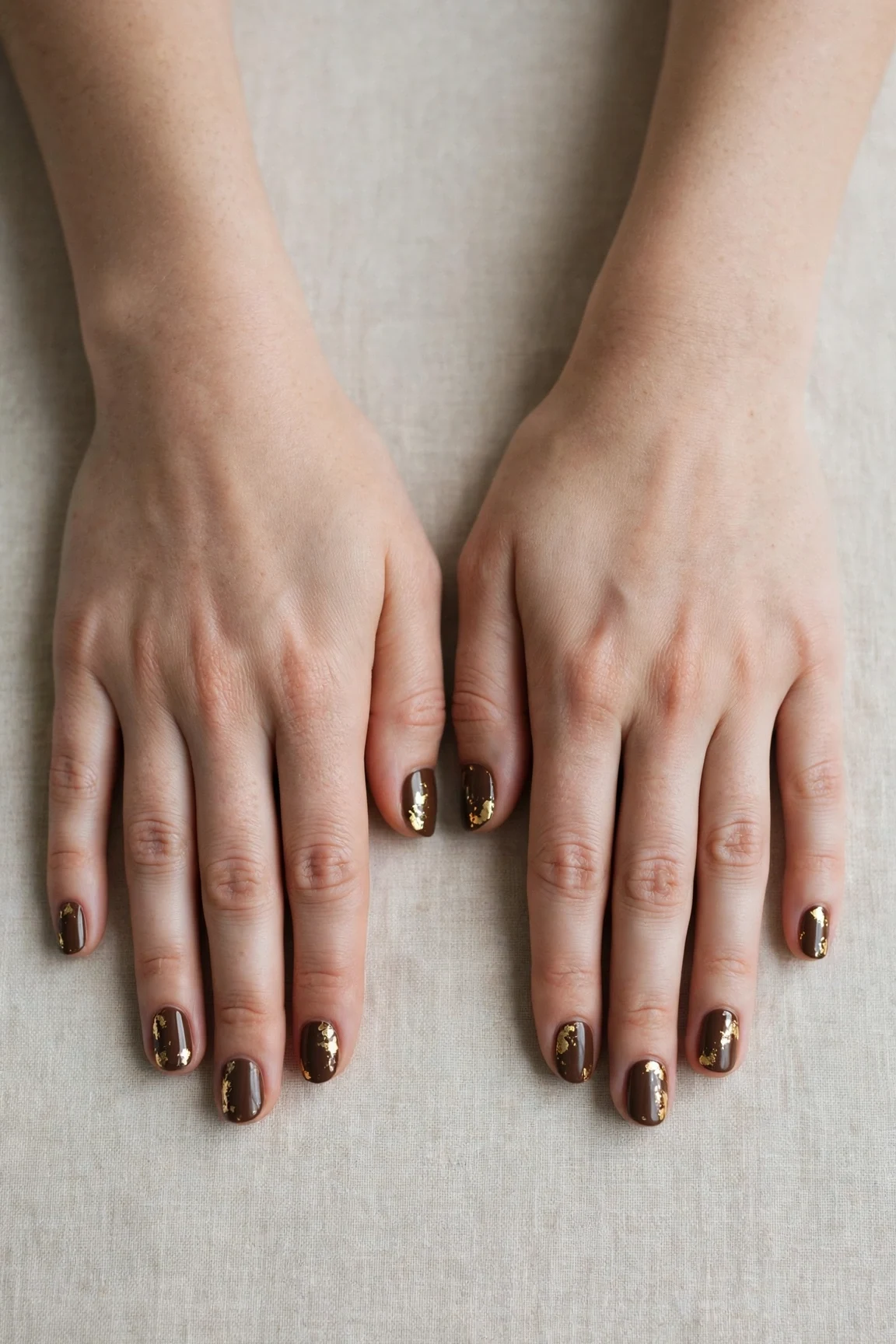 Short Round Chocolate Brown Christmas Nail Art with a deep glossy shine and gold foil accents