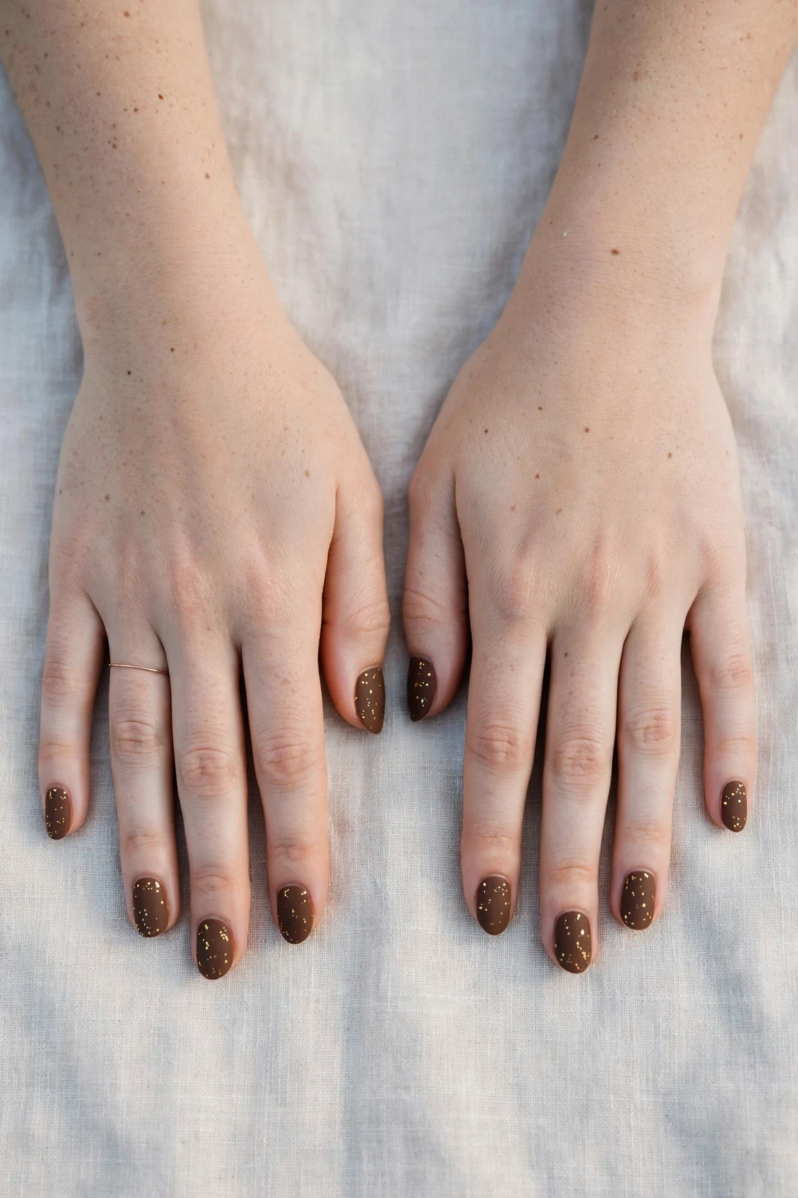 Oval Chocolate Brown Christmas Nail Art with a velvet matte finish and tiny gold dots