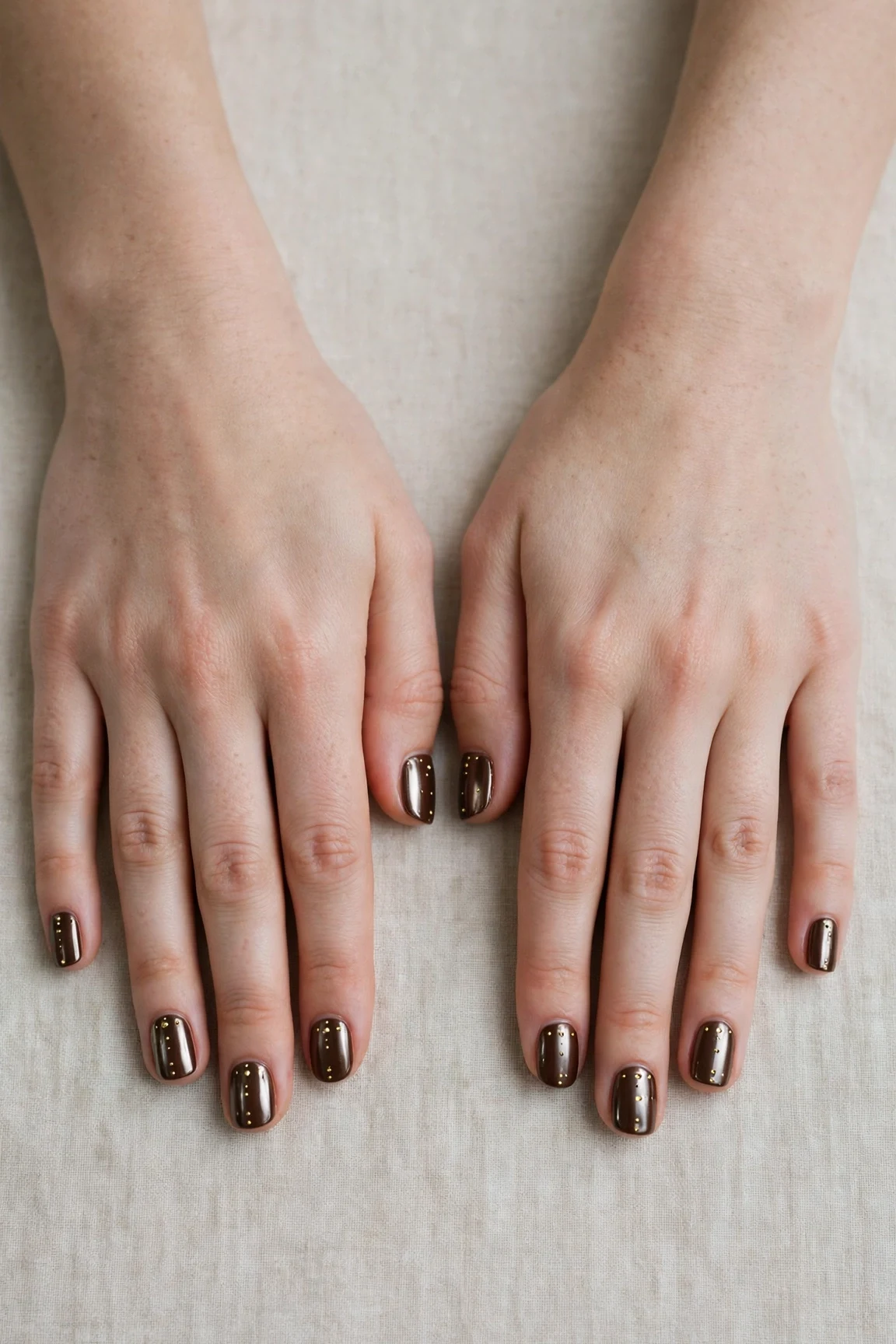 Short Square Chocolate Brown Christmas Nail Art with a chrome shine and tiny gold dots