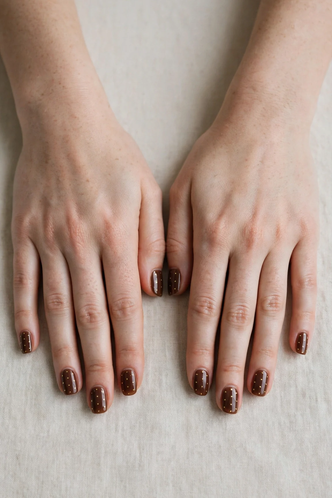 Squoval Chocolate Brown Christmas Nail Art with a sheer jelly finish and tiny gold dots