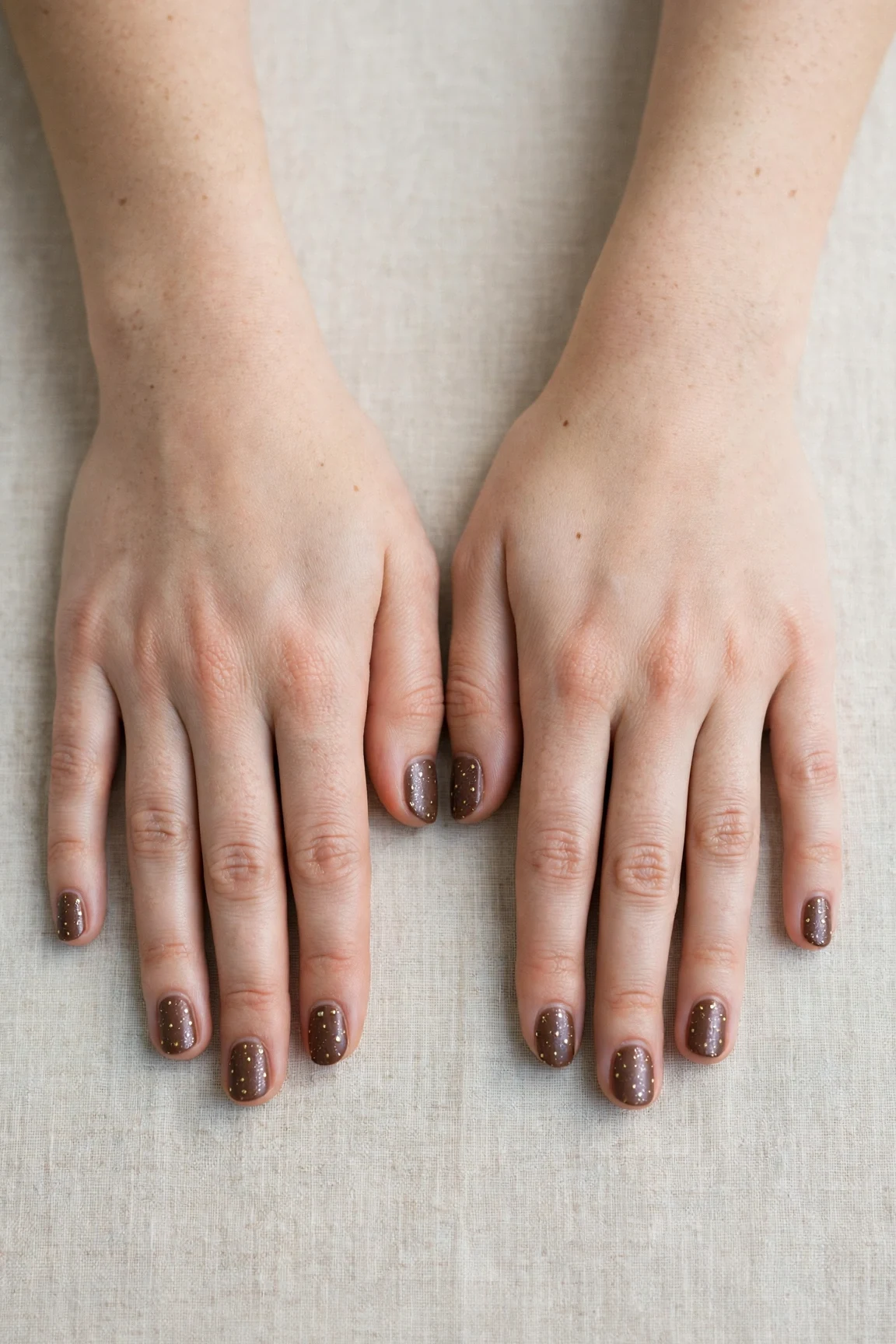 Short Round Chocolate Brown Christmas Nail Art with a frosted shimmer finish and tiny gold dots