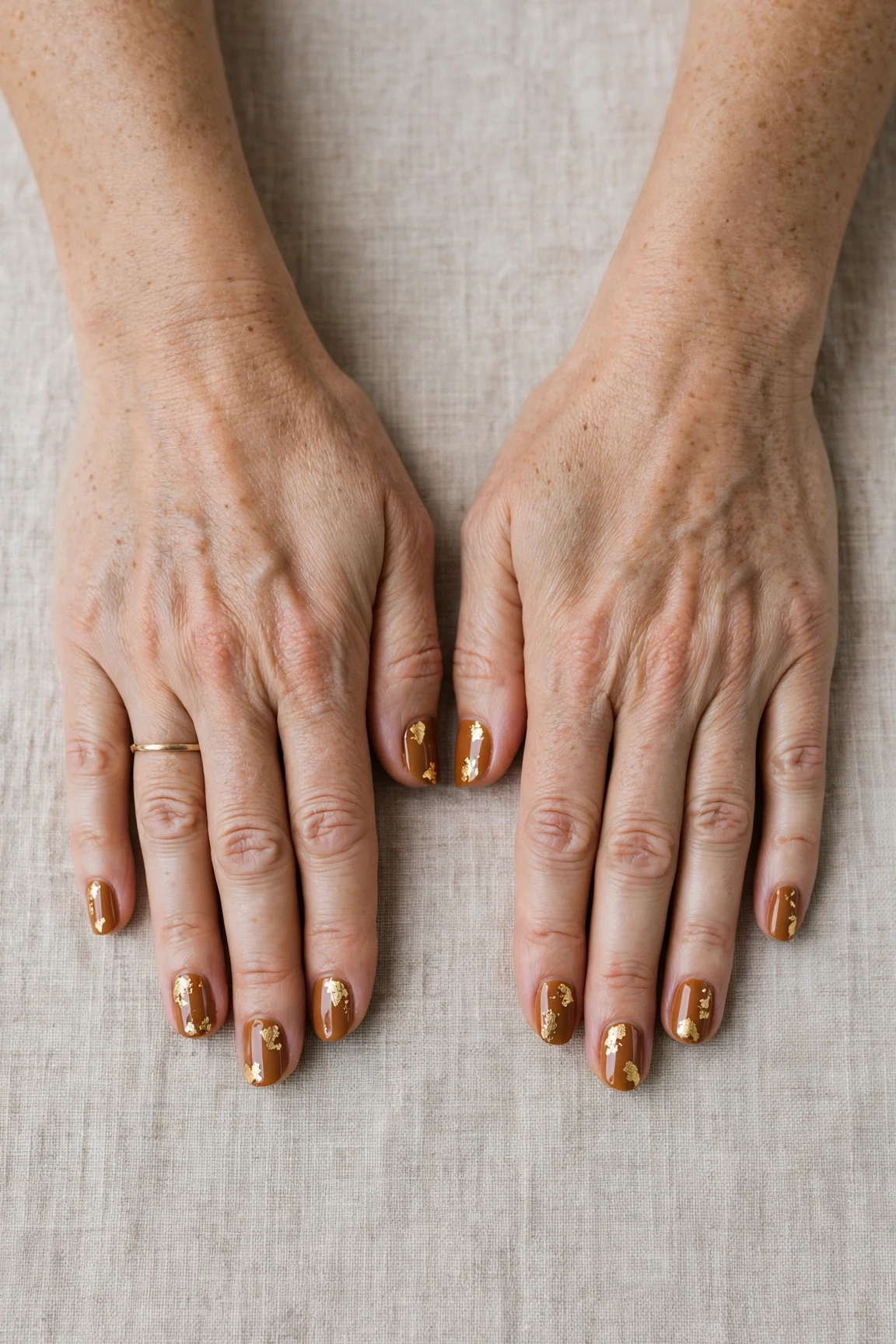 Short Oval Cinnamon Caramel Nail Art with a high-gloss finish and gold foil accents