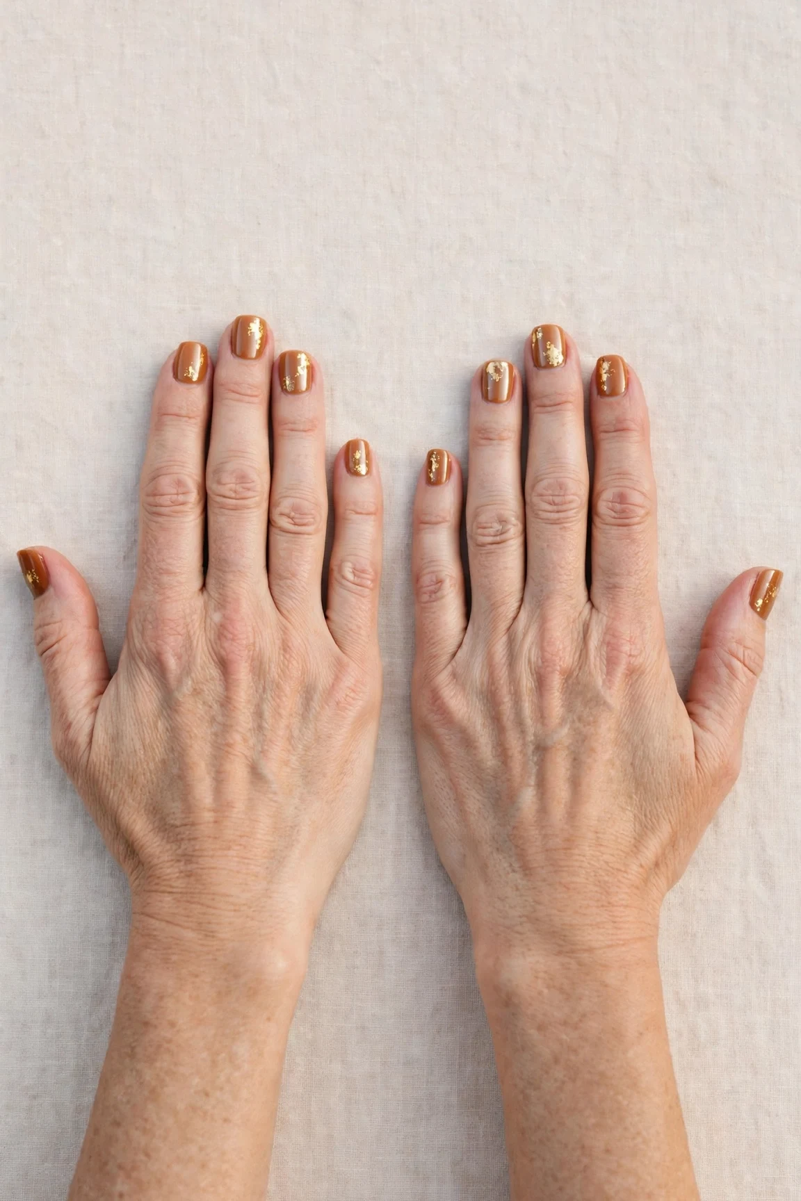 Short Square Cinnamon Caramel Nail Art with a chrome shine and gold foil accents