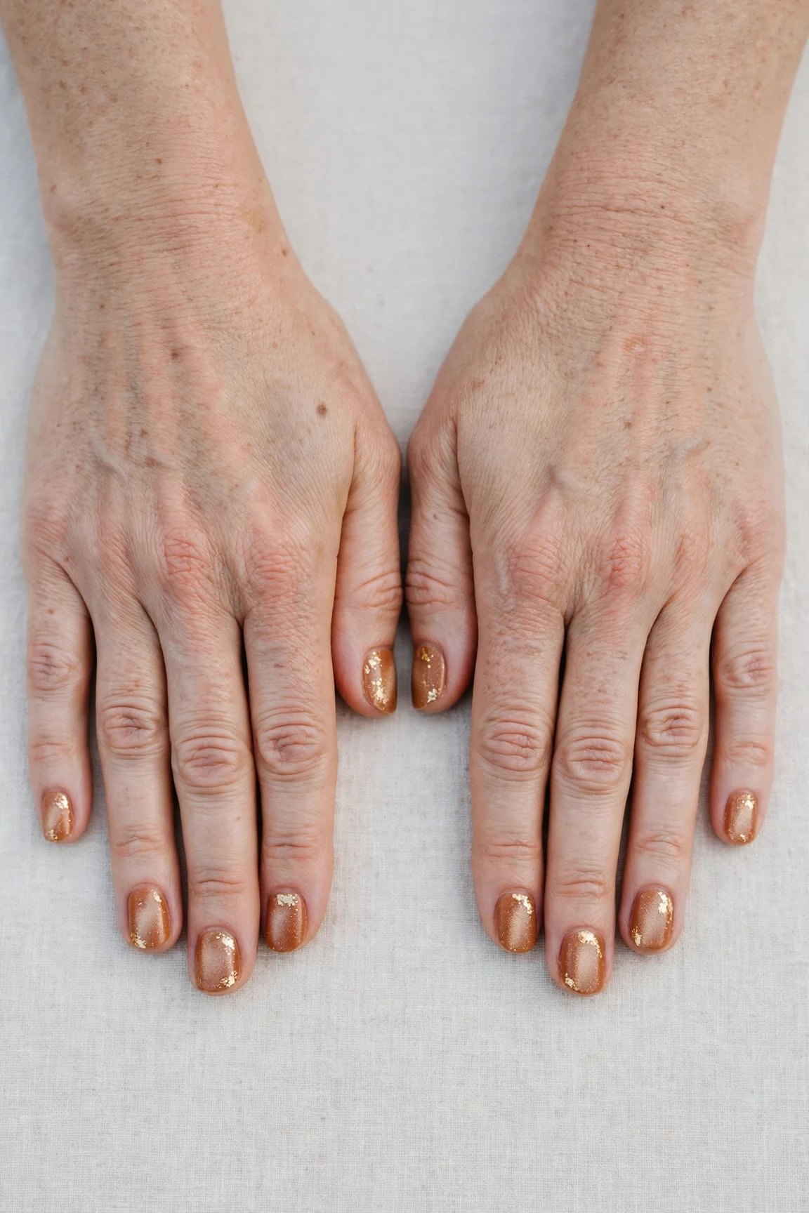 Short Round Cinnamon Caramel Nail Art with a frosted shimmer finish and gold foil accents