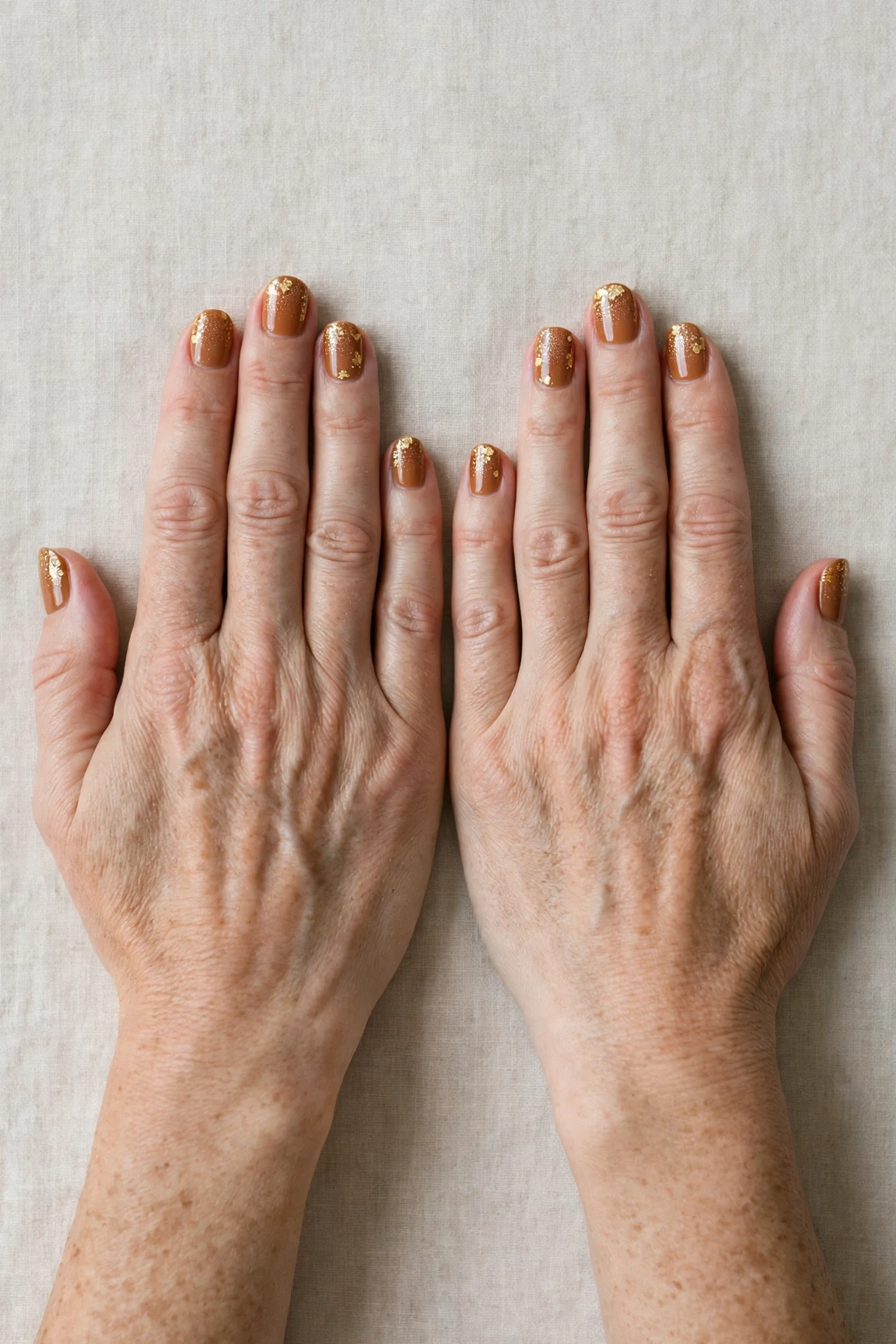 Short Oval Cinnamon Caramel Nail Art with a glitter gradient finish and gold foil accents