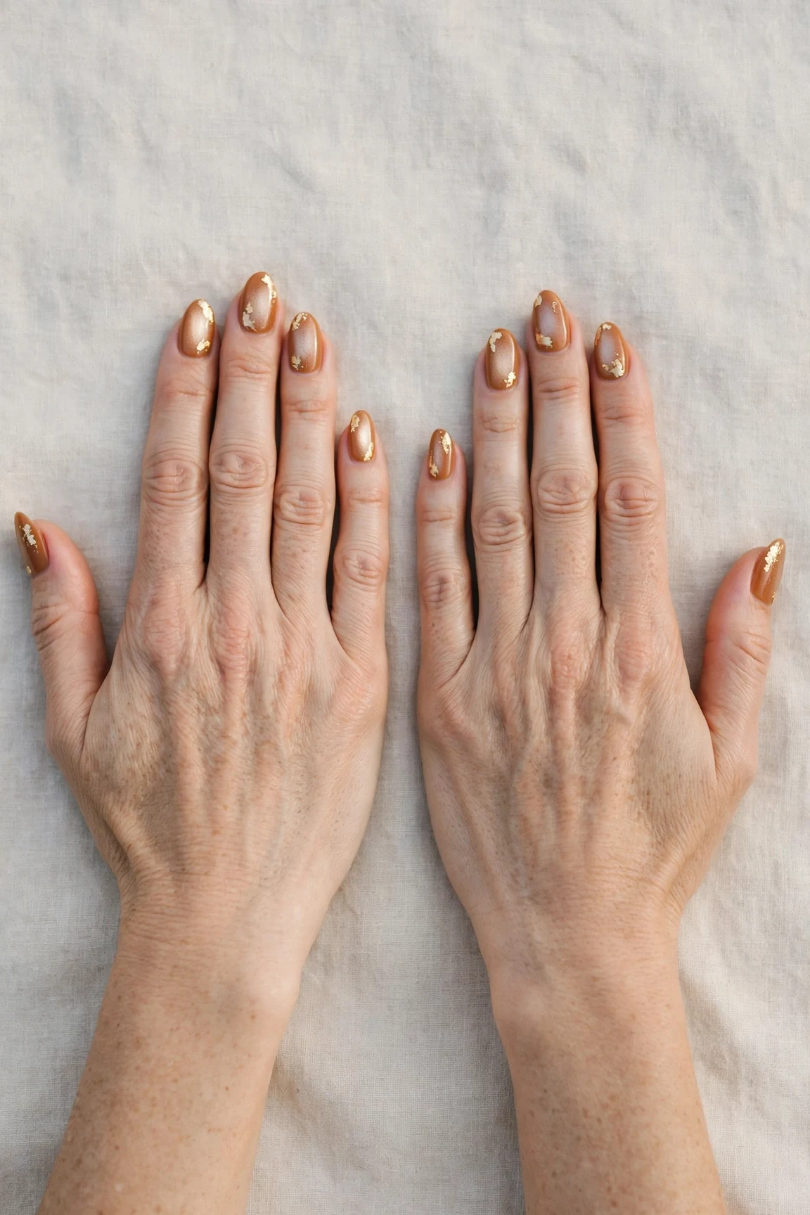 Almond Cinnamon Caramel Nail Art with a pearl shimmer finish and gold foil accents