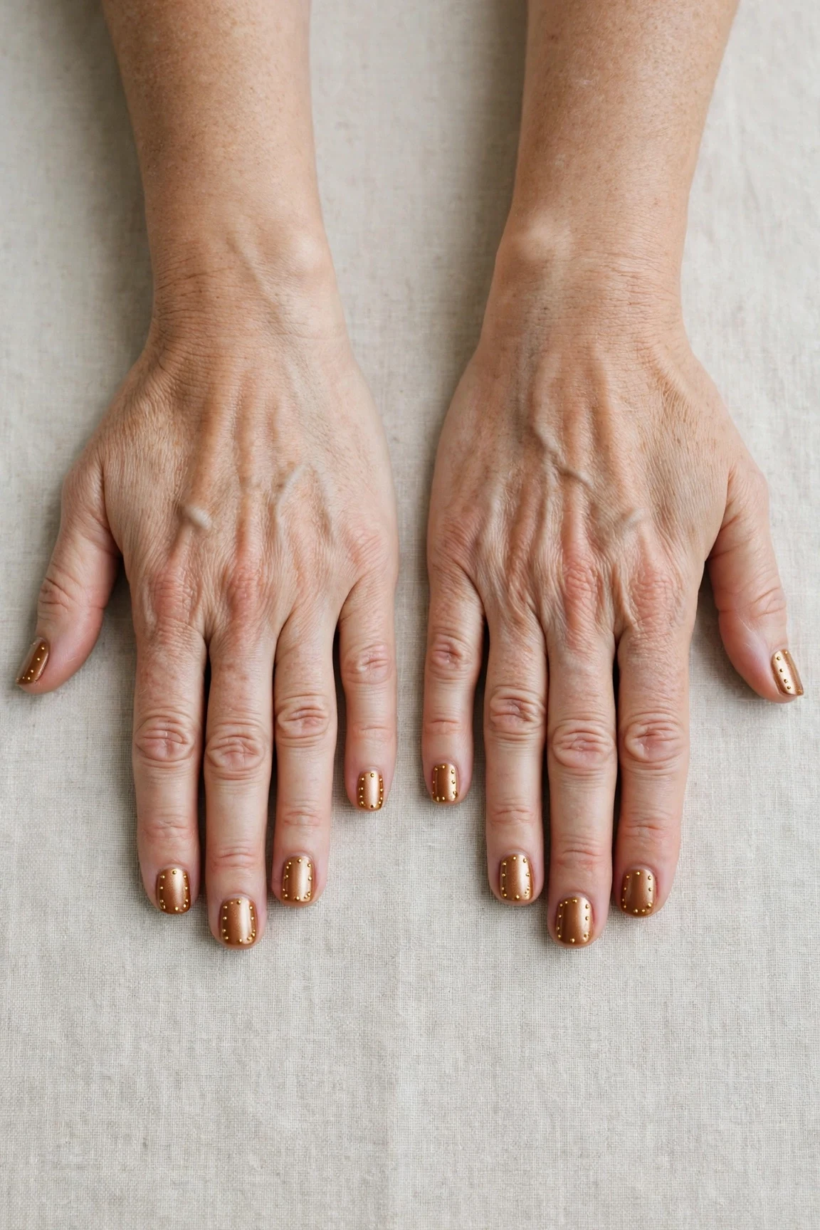 Short Square Cinnamon Caramel Nail Art with a chrome shine and tiny gold dots