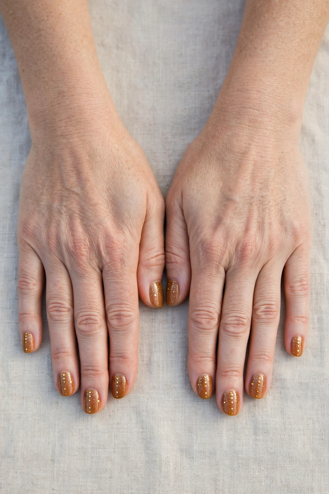 Short Oval Cinnamon Caramel Nail Art with a glitter gradient finish and tiny gold dots