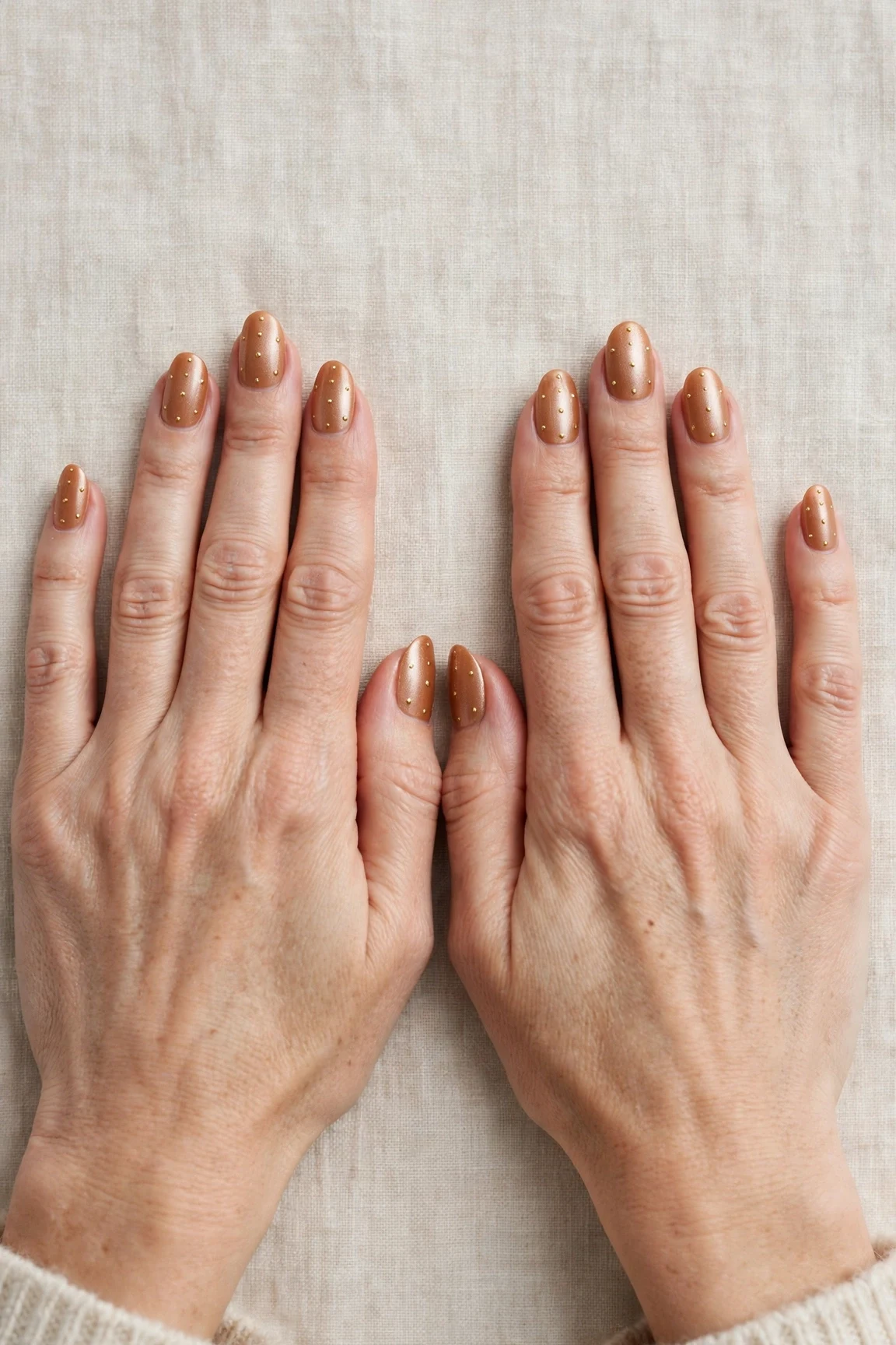 Almond Cinnamon Caramel Nail Art with a pearl shimmer finish and tiny gold dots