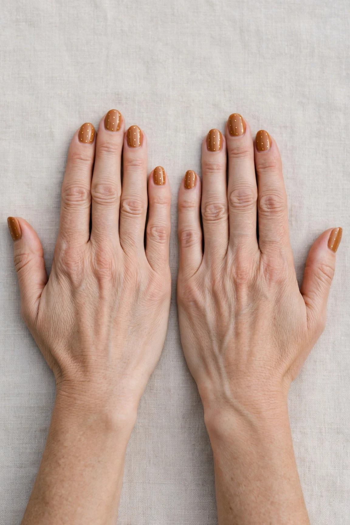 Oval Cinnamon Caramel Nail Art with a satin finish and tiny gold dots