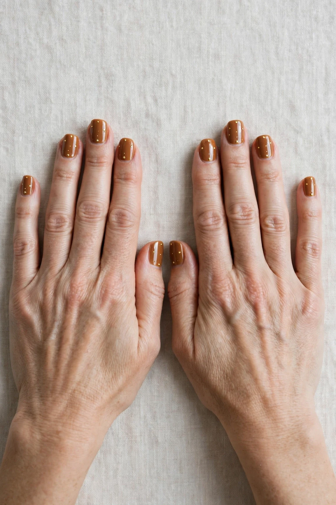 Short Square Cinnamon Caramel Nail Art with a glassy gel finish and tiny gold dots