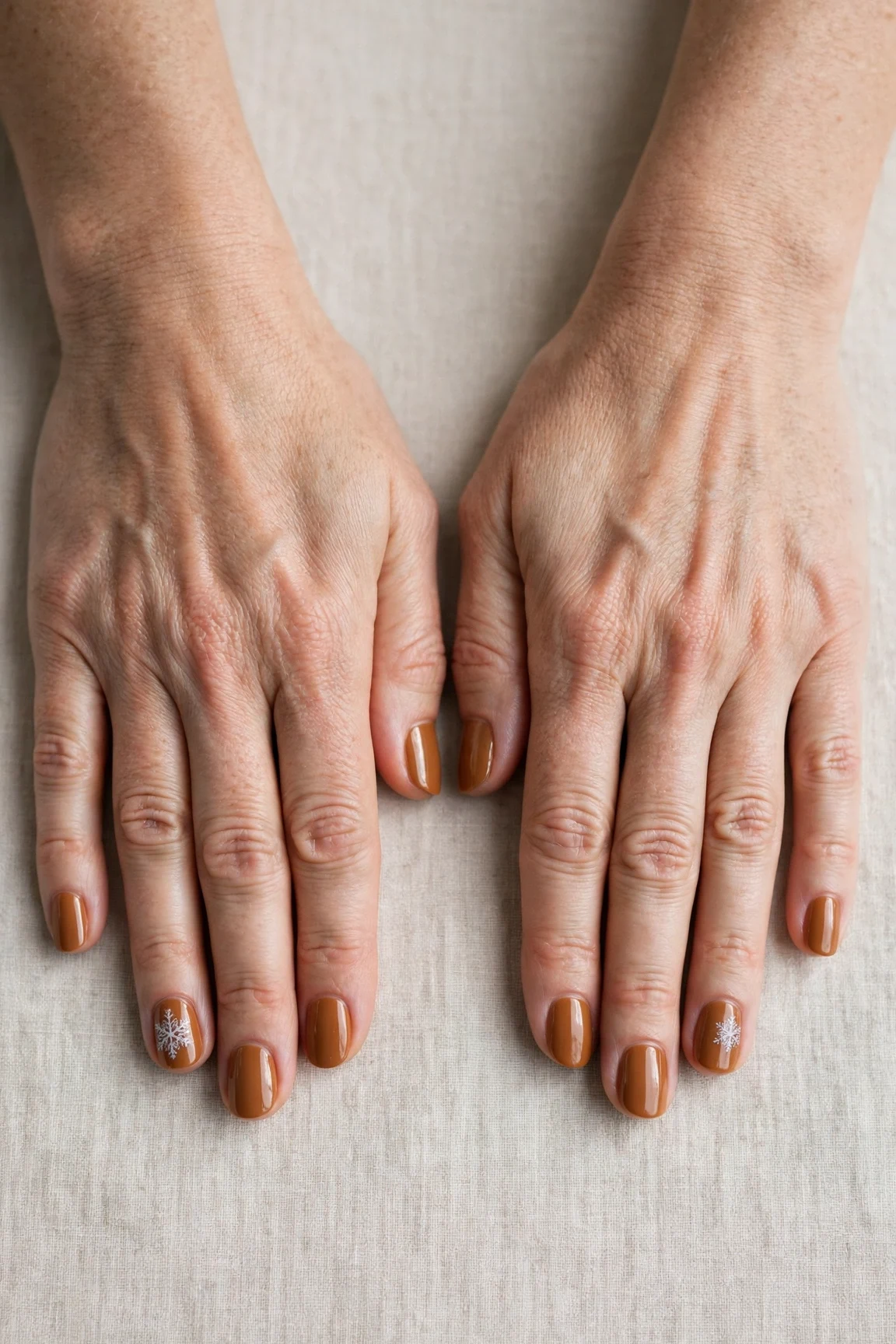 Short Oval Cinnamon Caramel Nail Art with a high-gloss finish and a delicate snowflake on the ring finger