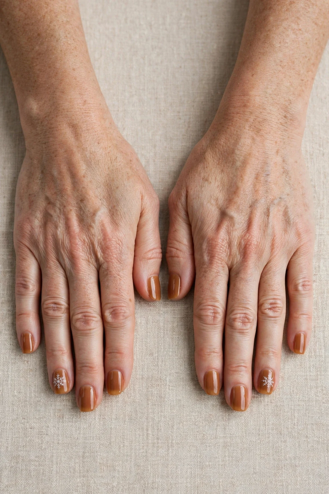 Squoval Cinnamon Caramel Nail Art with a sheer jelly finish and a delicate snowflake on the ring finger