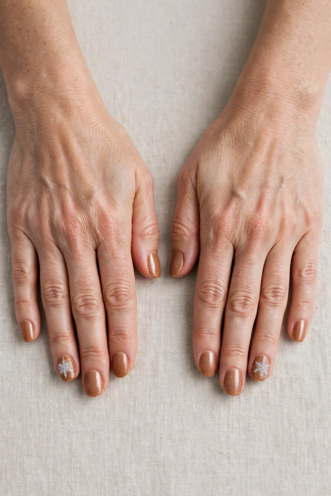 Short Round Cinnamon Caramel Nail Art with a frosted shimmer finish and a delicate snowflake on the ring finger