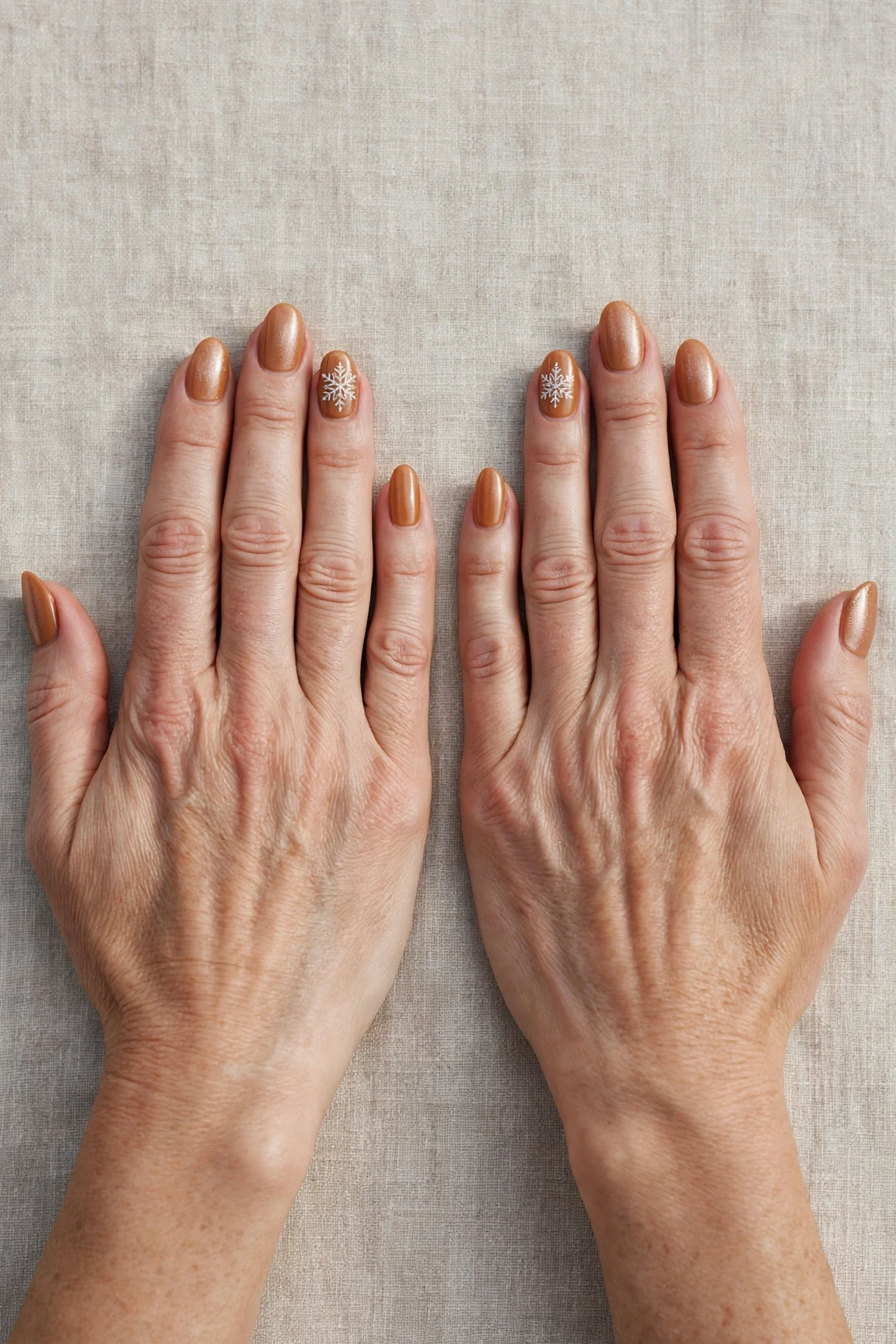 Almond Cinnamon Caramel Nail Art with a pearl shimmer finish and a delicate snowflake on the ring finger