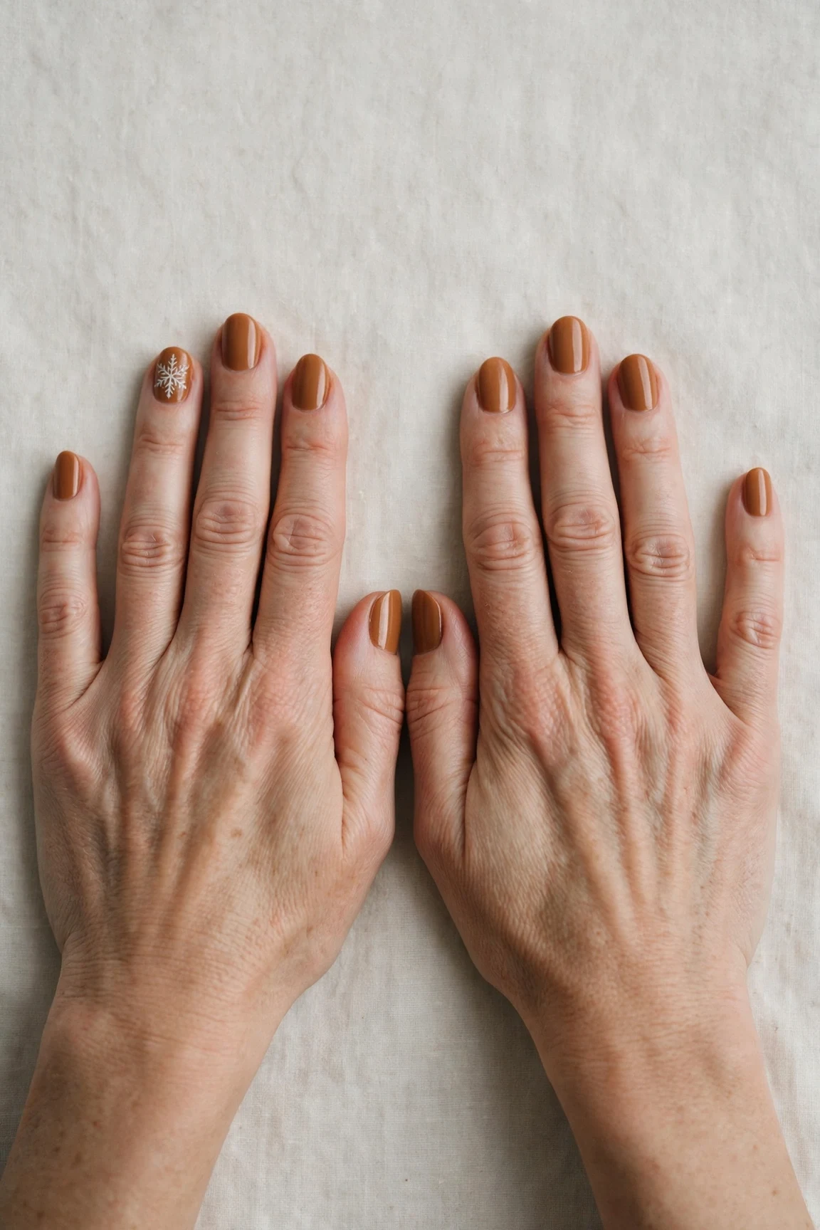Oval Cinnamon Caramel Nail Art with a satin finish and a delicate snowflake on the ring finger