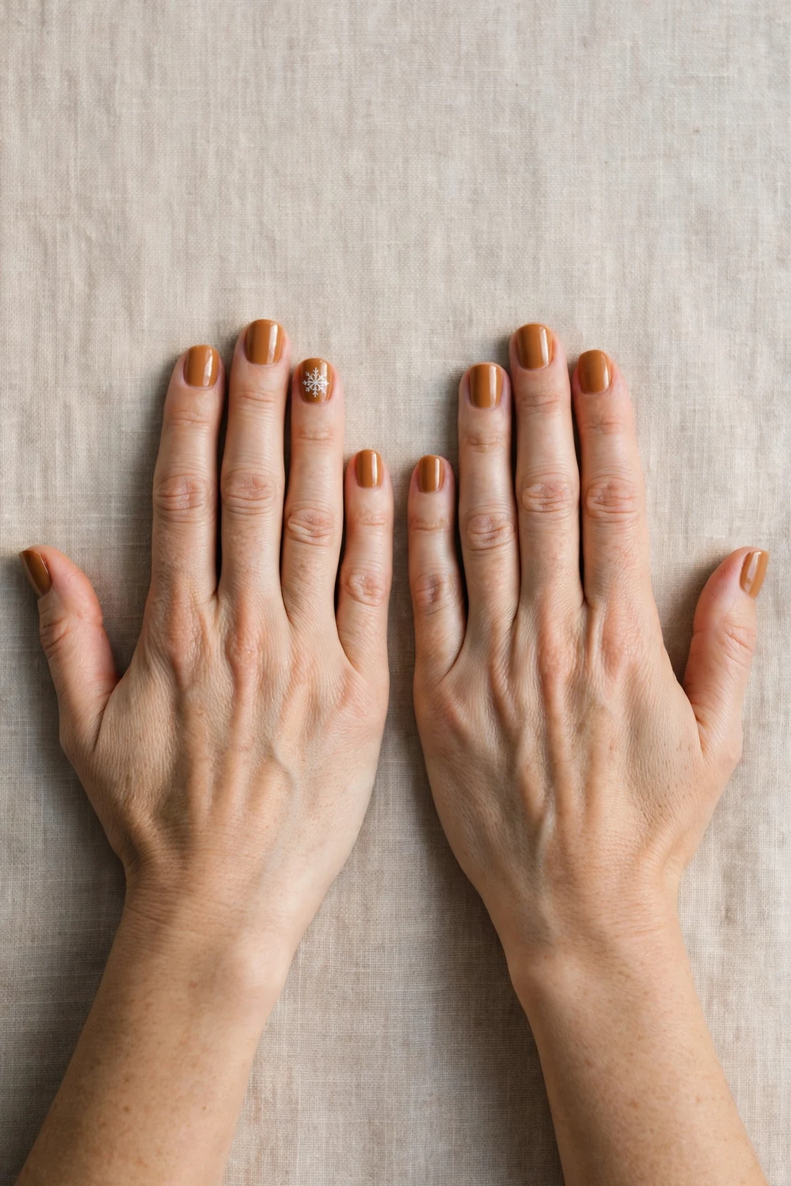 Short Square Cinnamon Caramel Nail Art with a glassy gel finish and a delicate snowflake on the ring finger