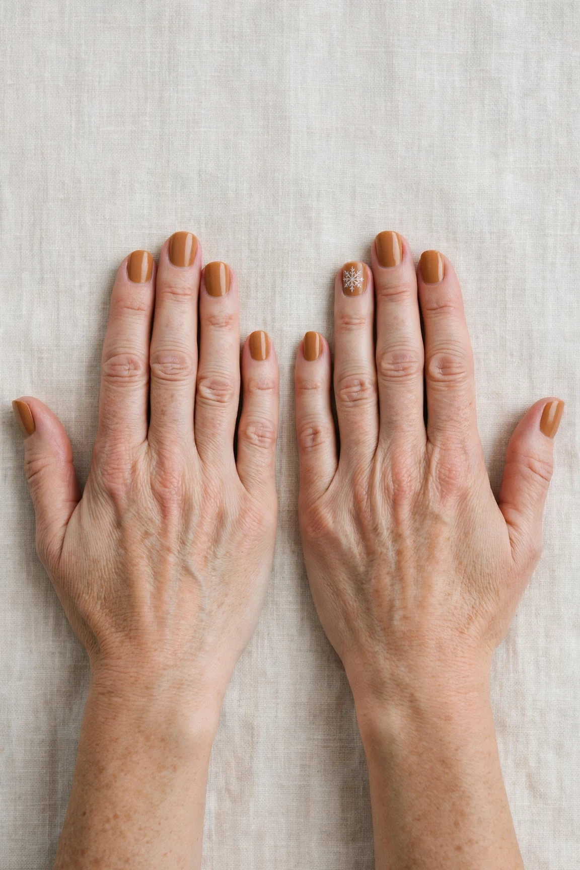 Squoval Cinnamon Caramel Nail Art with a creamy opaque finish and a delicate snowflake on the ring finger