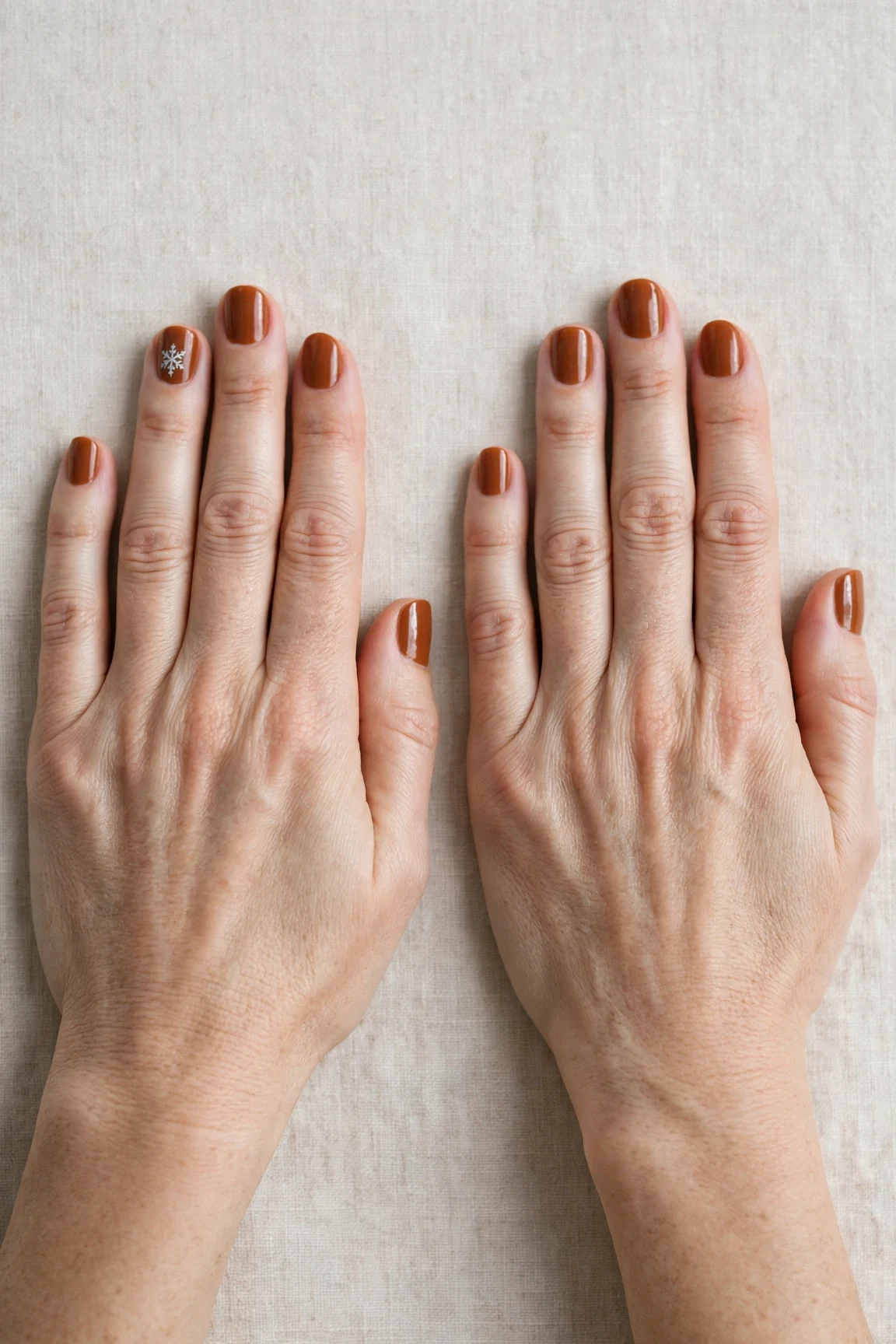 Short Round Cinnamon Caramel Nail Art with a deep glossy shine and a delicate snowflake on the ring finger