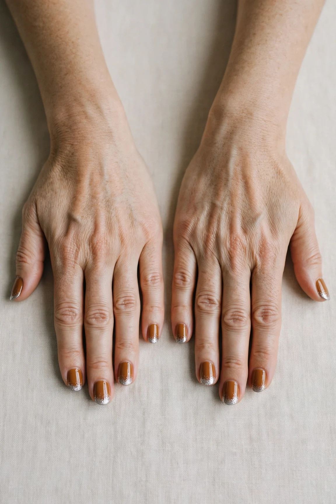 Short Oval Cinnamon Caramel Nail Art with a high-gloss finish and silver shimmer tips