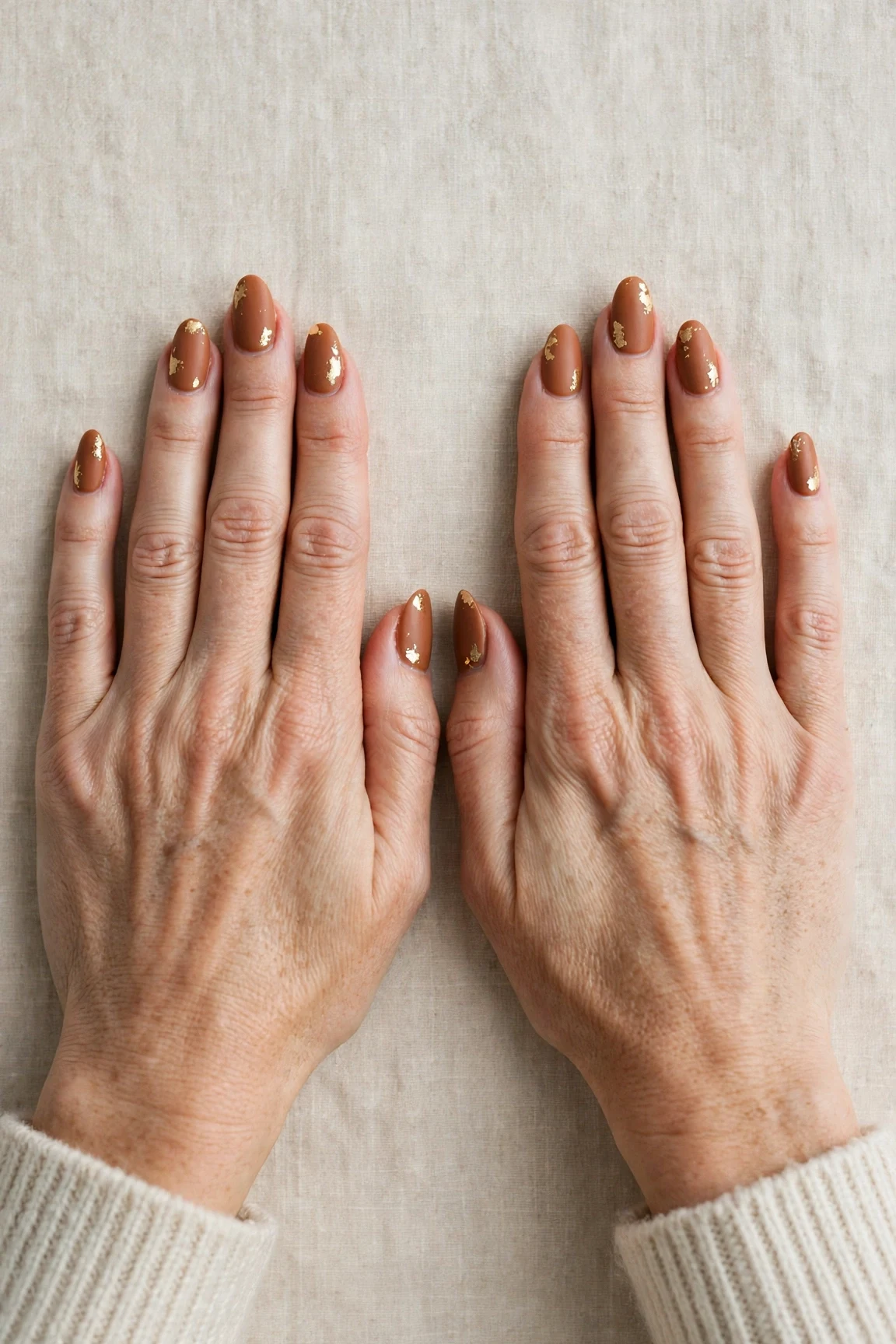 Cinnamon Spice Almond Nails with a soft matte finish and gold foil accents
