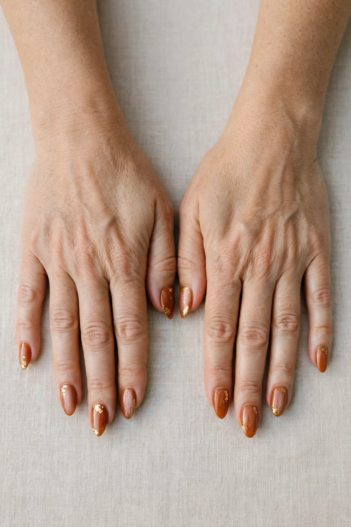 Cinnamon Spice Almond Nails with a frosted shimmer finish and gold foil accents